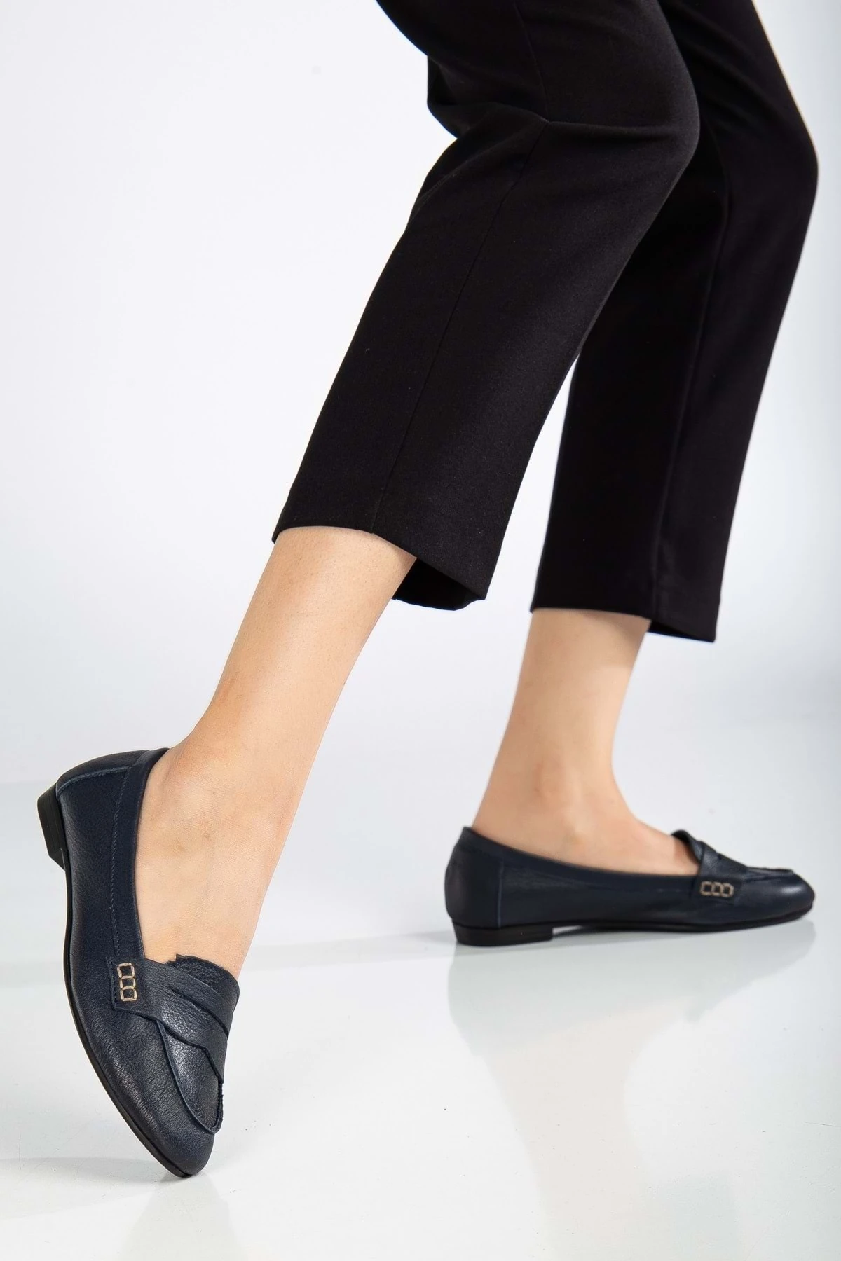 Kadın Hakiki Deri Saraçlı Rahat Babet - LACİVERT