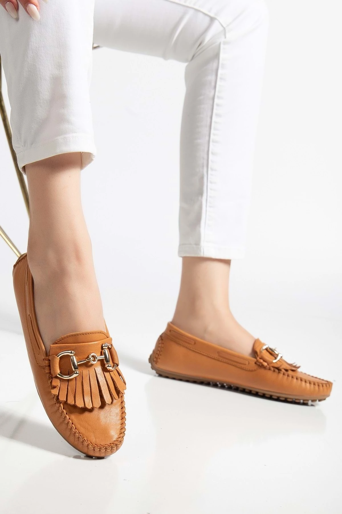 Kadın Hakiki Deri Tokalı Klasik Loafer - Taba