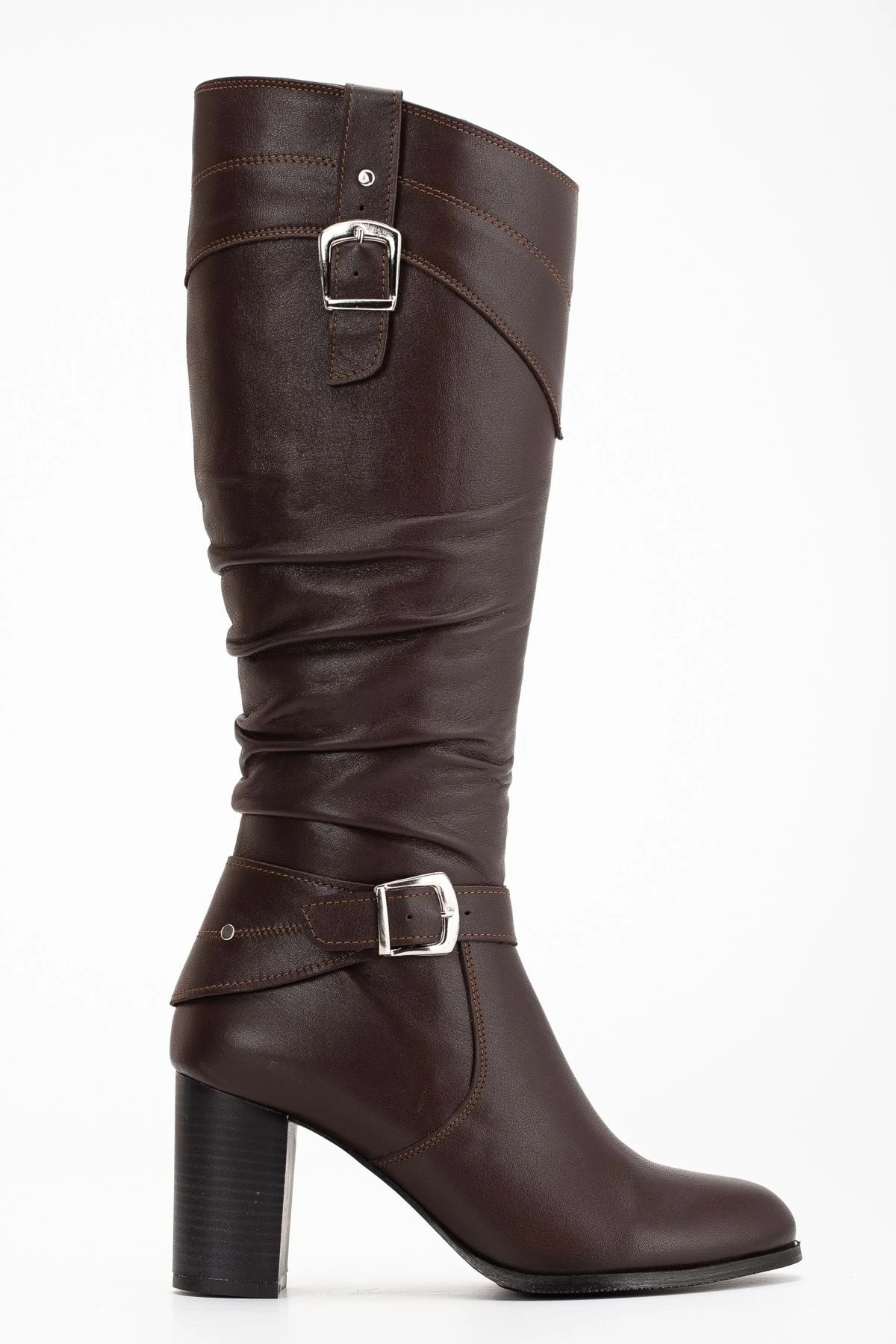 Kadın Hakiki Deri Körüklü Toka Detaylı Topuklu Çizme - Kahve