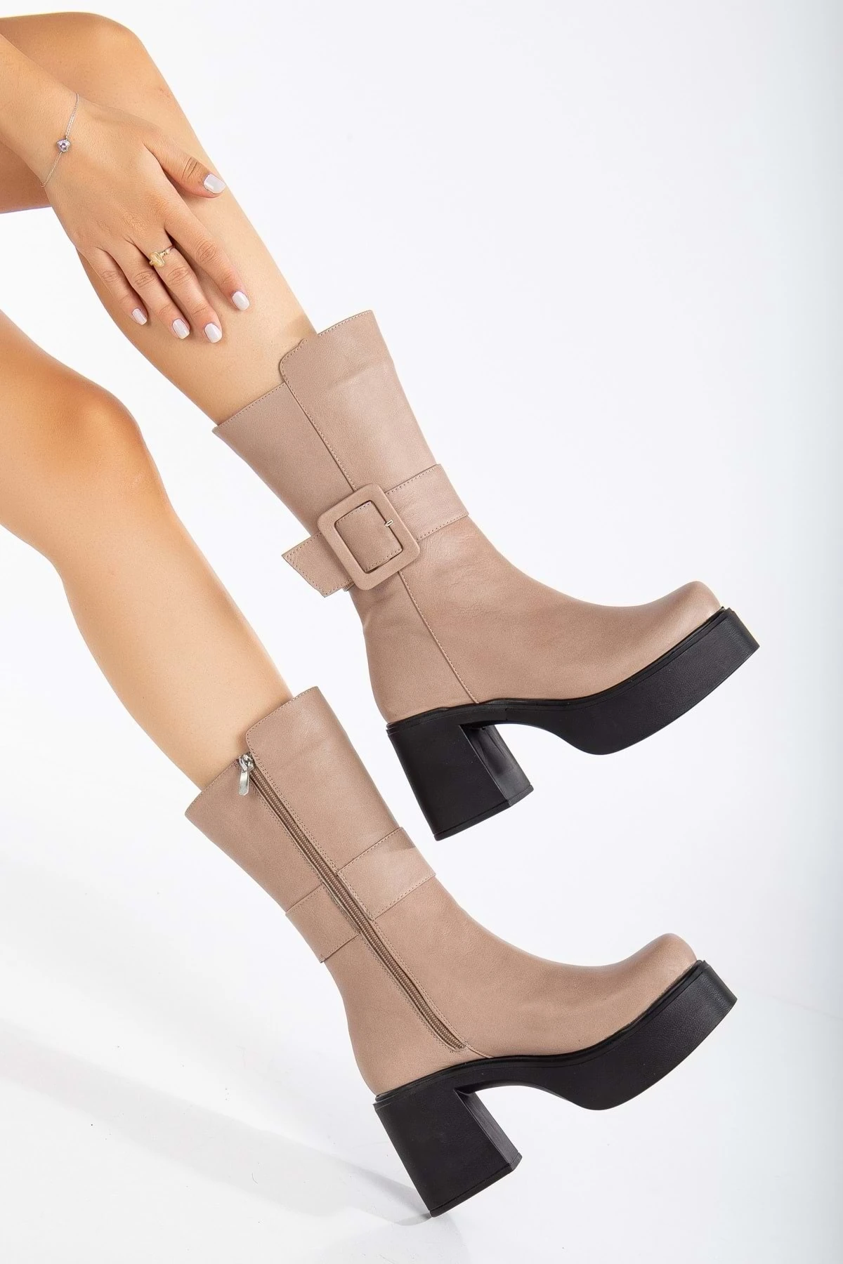 Kadın Hakiki Deri Tokalı Platformlu Kalın Topuklu Çizme