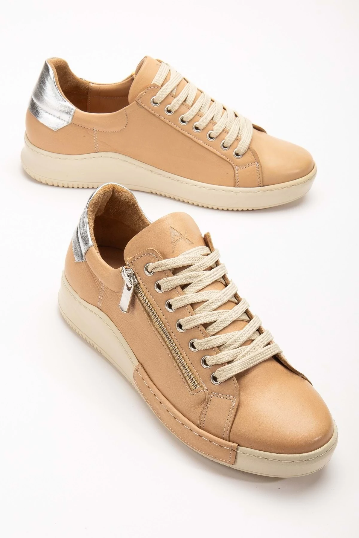 Kadın Hakiki Deri Fermuarlı Spor Ayakkabı - NUDE/GÜMÜŞ