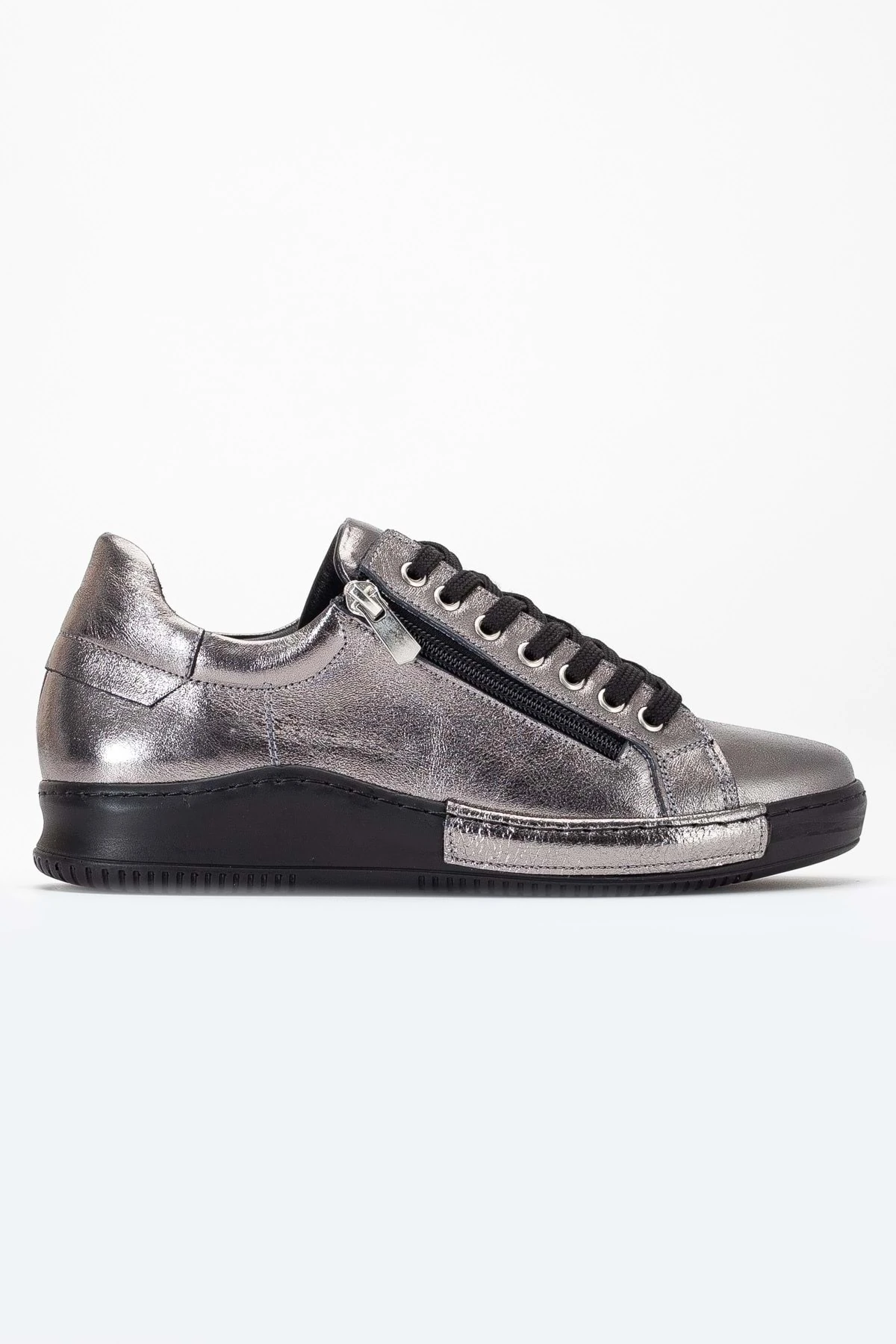 Kadın Hakiki Deri Fermuarlı Spor Ayakkabı - Platin