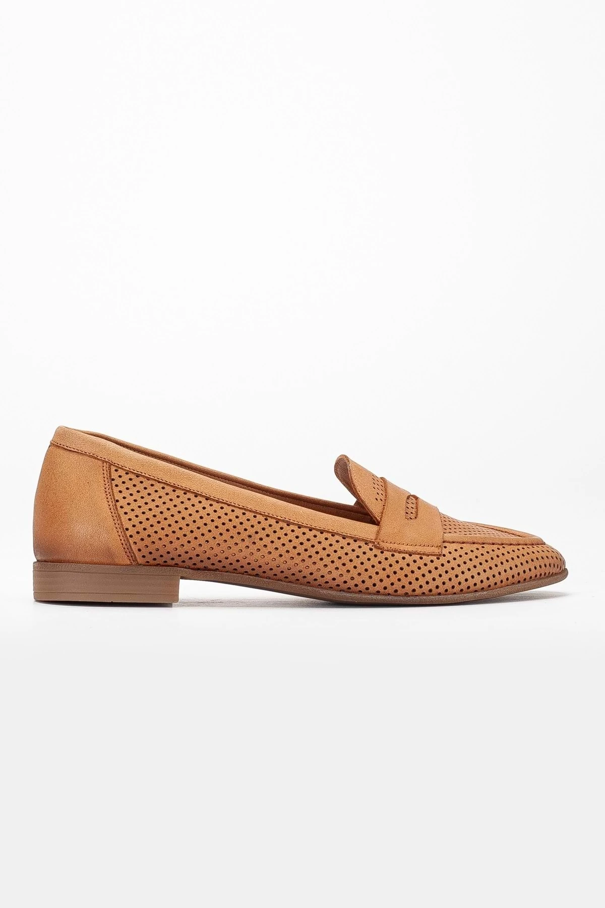 Kadın Hakiki Deri Günlük Saraçlı Lazerli Babet - Taba