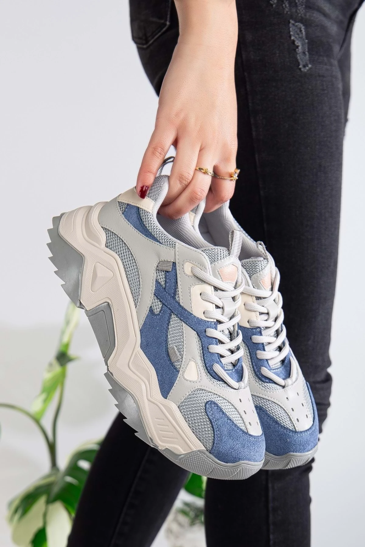 Kadın Yüksek Taban Sneaker Bağcıklı Spor Ayakkabı - Mavi-Gri