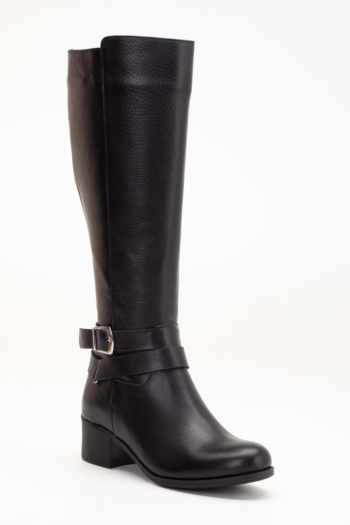 Kadın Hakiki Deri Tokalı Kalın Topuklu Çizme - SİYAH