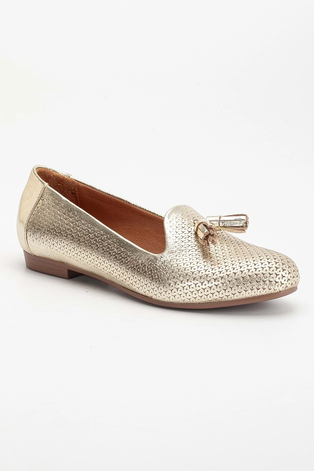 Kadın Hakiki Deri Baskılı Püsküllü Babet - Altın