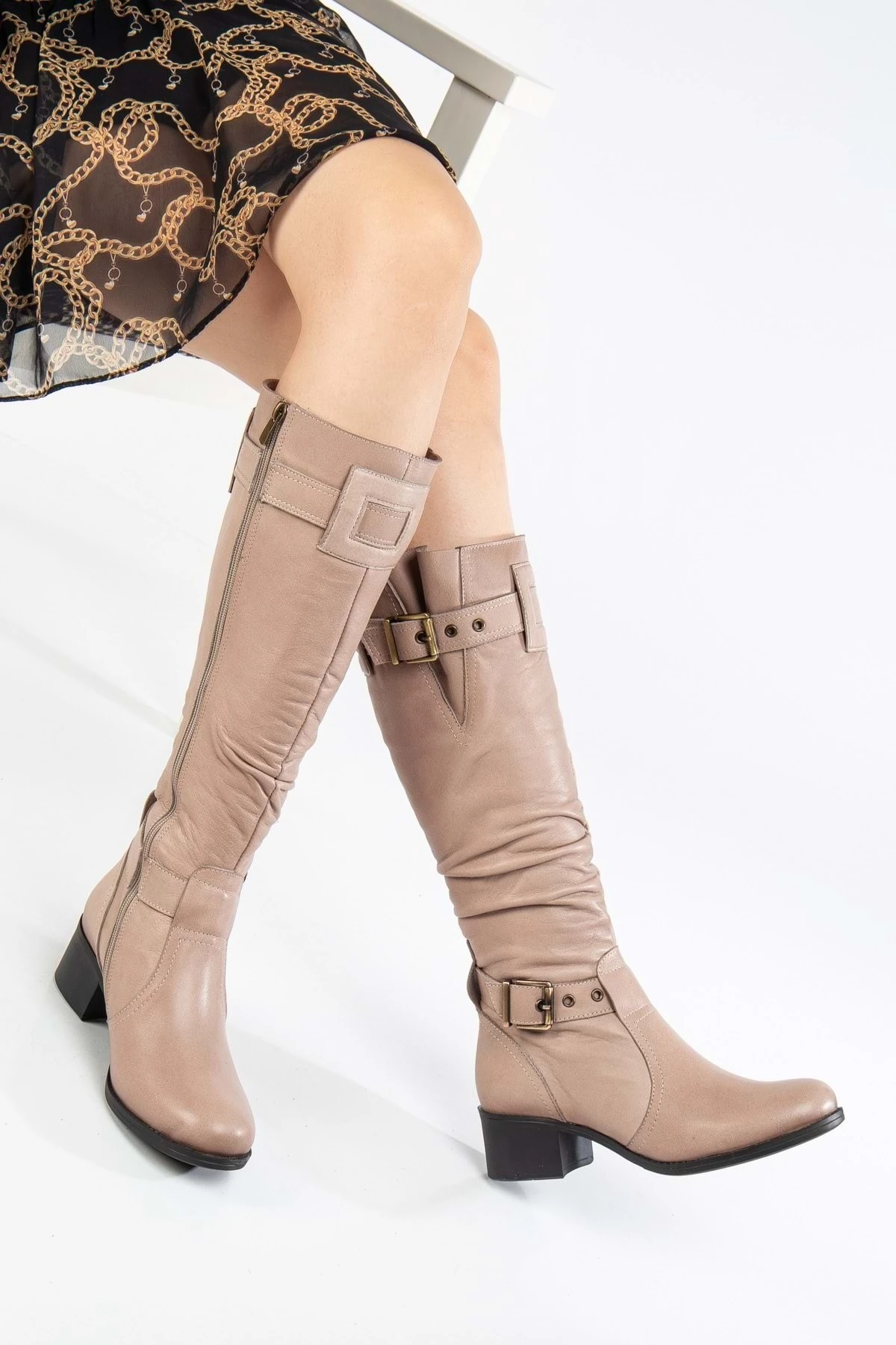 Kadın Hakiki Deri Körüklü Ayarlanabilir Tokalı Çizme - TAŞ