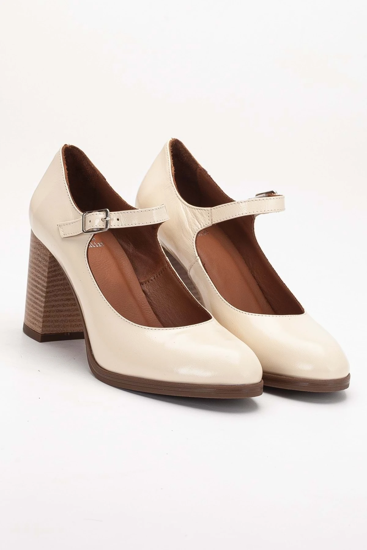 Kadın Hakiki Deri Bantlı Topuklu Ayakkabı - BEJ RUGAN