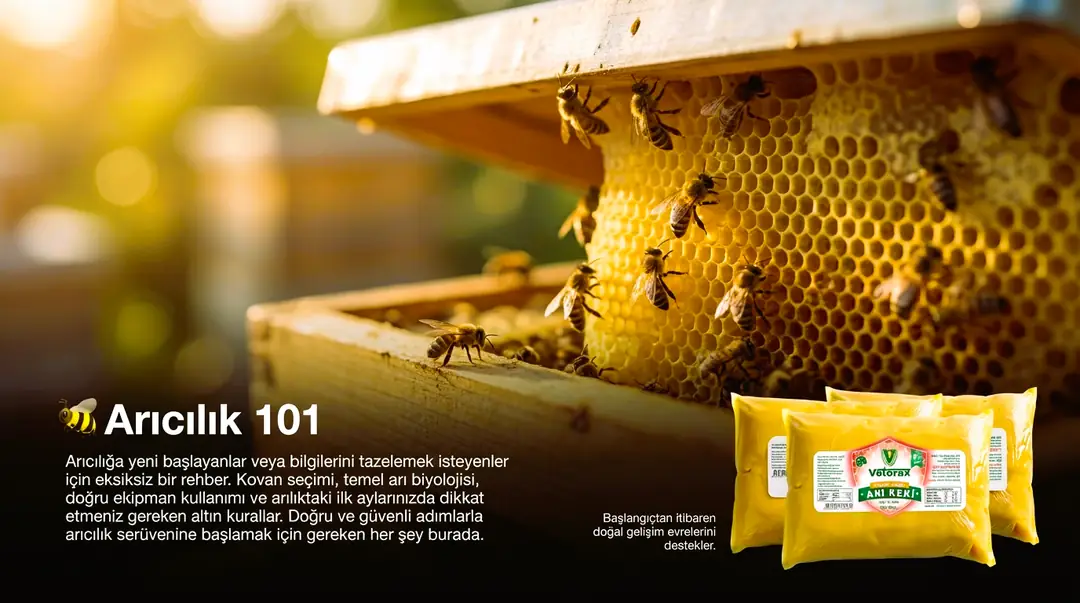Bahar aylarında kovan bakımını titizlikle yapan bir arıcı ve sağlıklı bir petek üzerinde polen taşıyan işçi arılar.