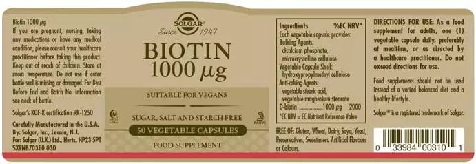 Biotin 1000 µg Capsules - 50 Count - Promotes Healthy Hair & Skin - Vegan