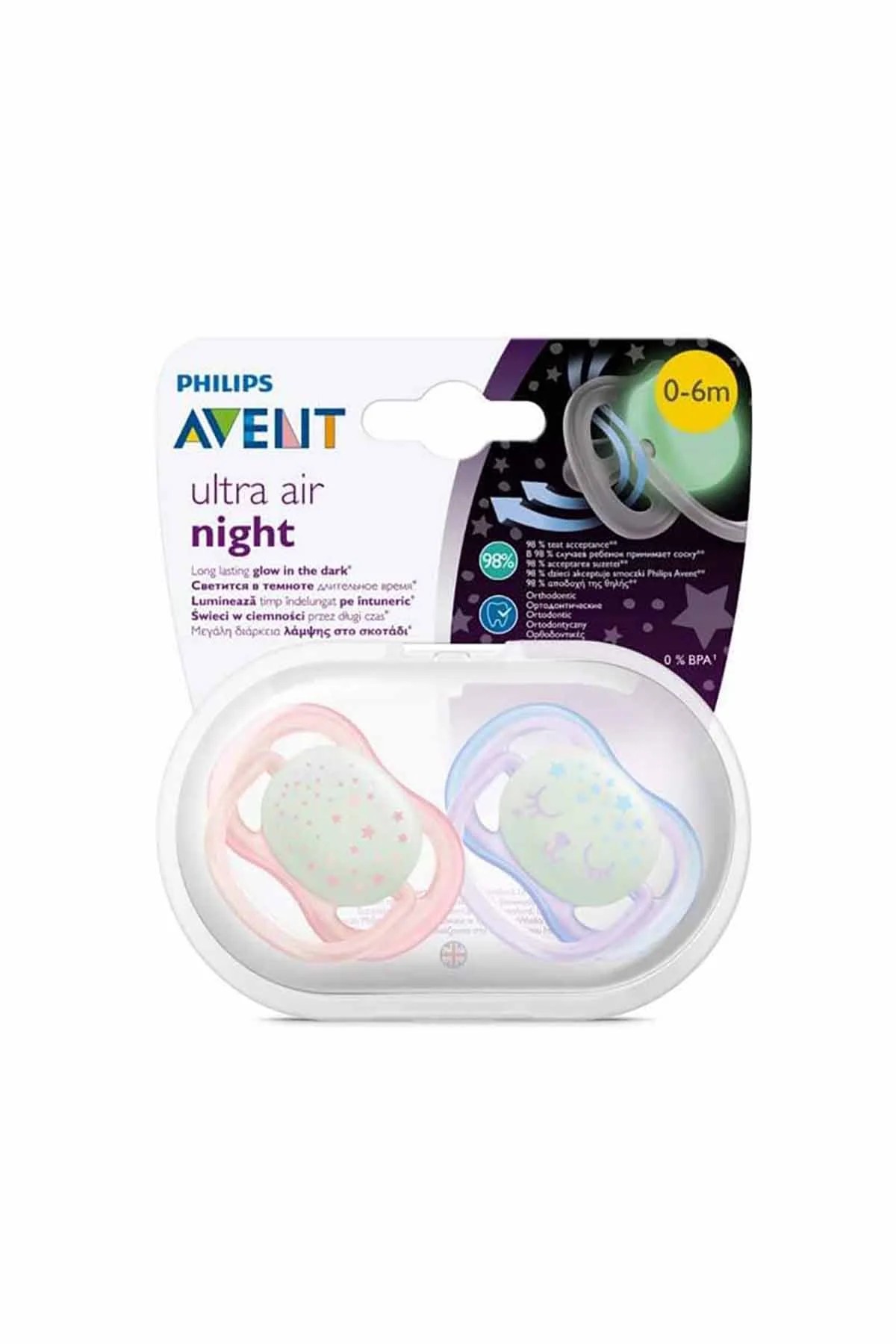 Philips Avent Ultra Air Pacifier 0-6 Months Glows in the Dark - Girl