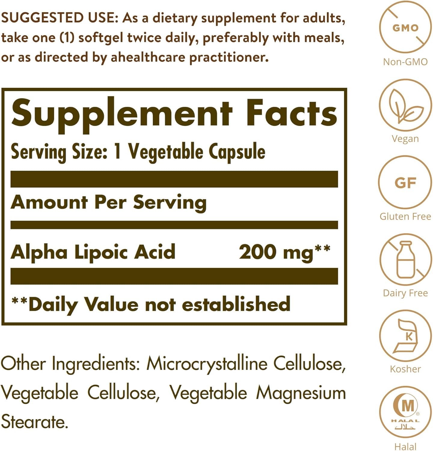 Solgar Alpha Lipoic Acid  200 mg  50 Vegetable Capsules | Antioxidant Support | Non-GMO | Gluten, Wheat & Dairy-Free | Suitable for Vegans