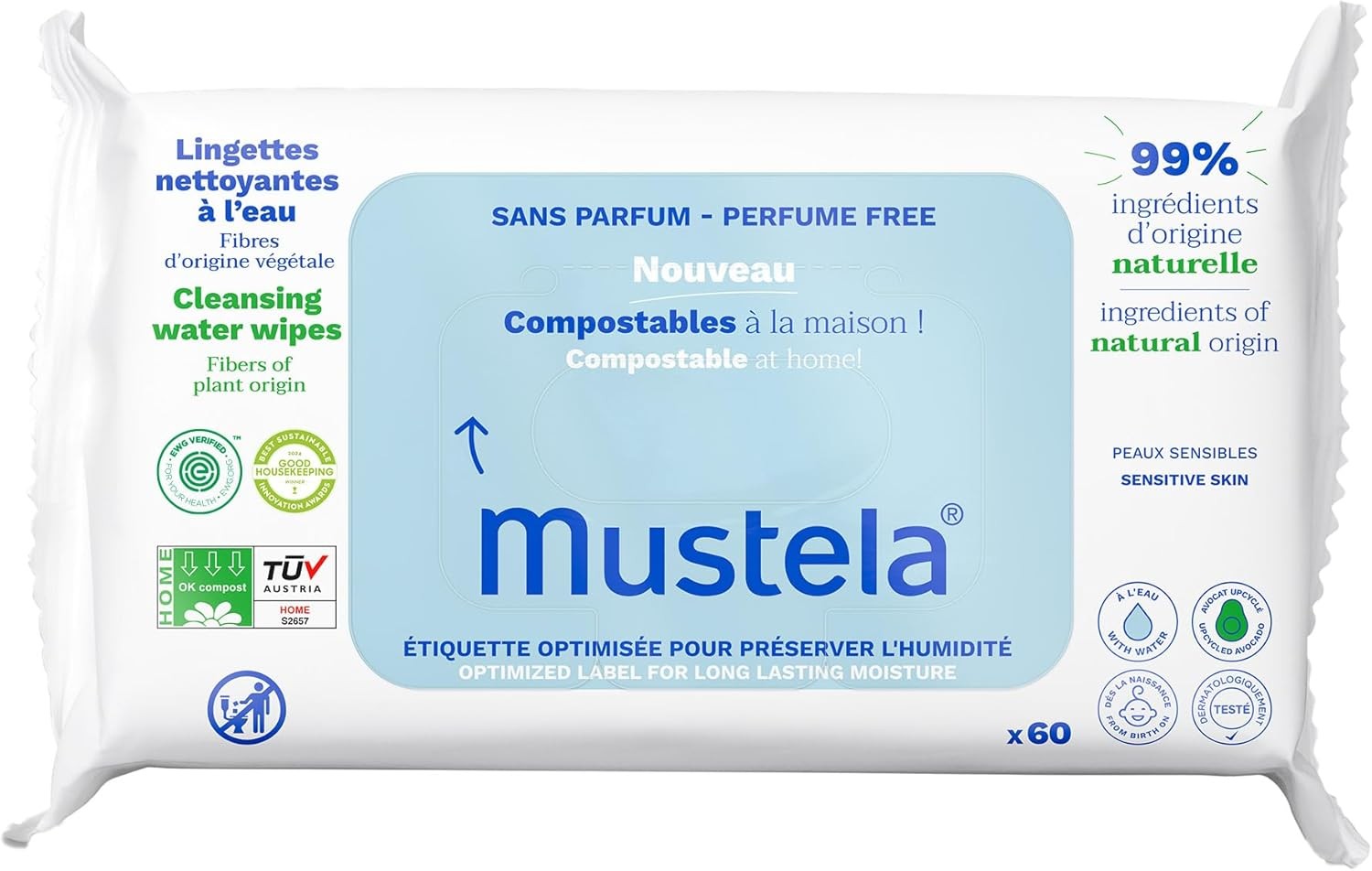 Mustela Compostable Wet Wipes Fragrance-Free 60 Count