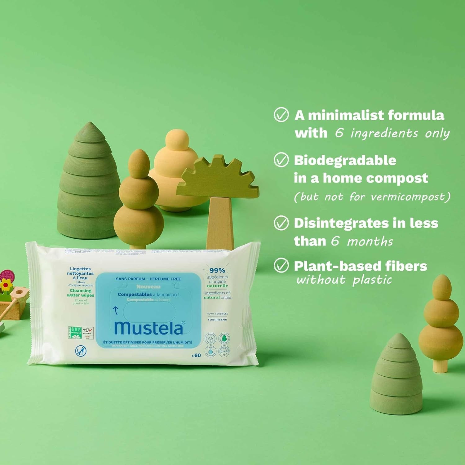 Mustela Compostable Wet Wipes Fragrance-Free 60 Count