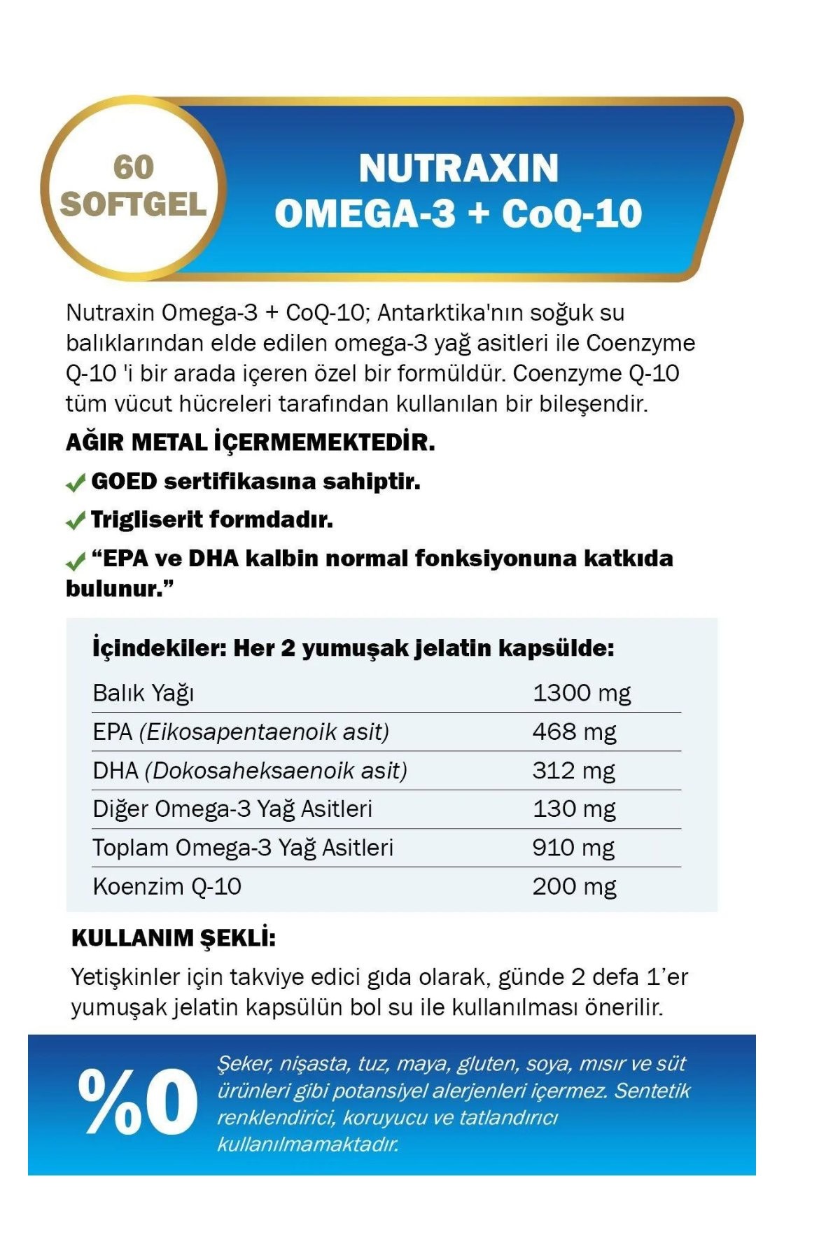 Nutraxin Omega-3 + CoQ-10 468mg EPA + 312mg DHA + 200mg CoQ-10 60 Softgels