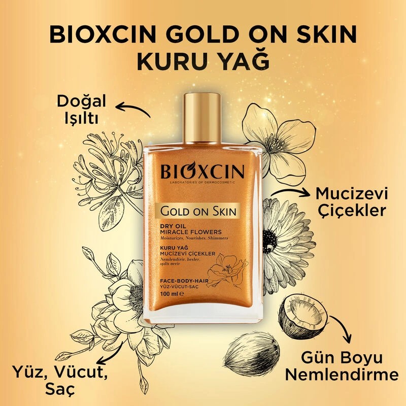 Bioxcin Gold On Skin Altın Parıltılı Kuru Yağ 100 مل - زيت جاف للشعر والوجه والجسم