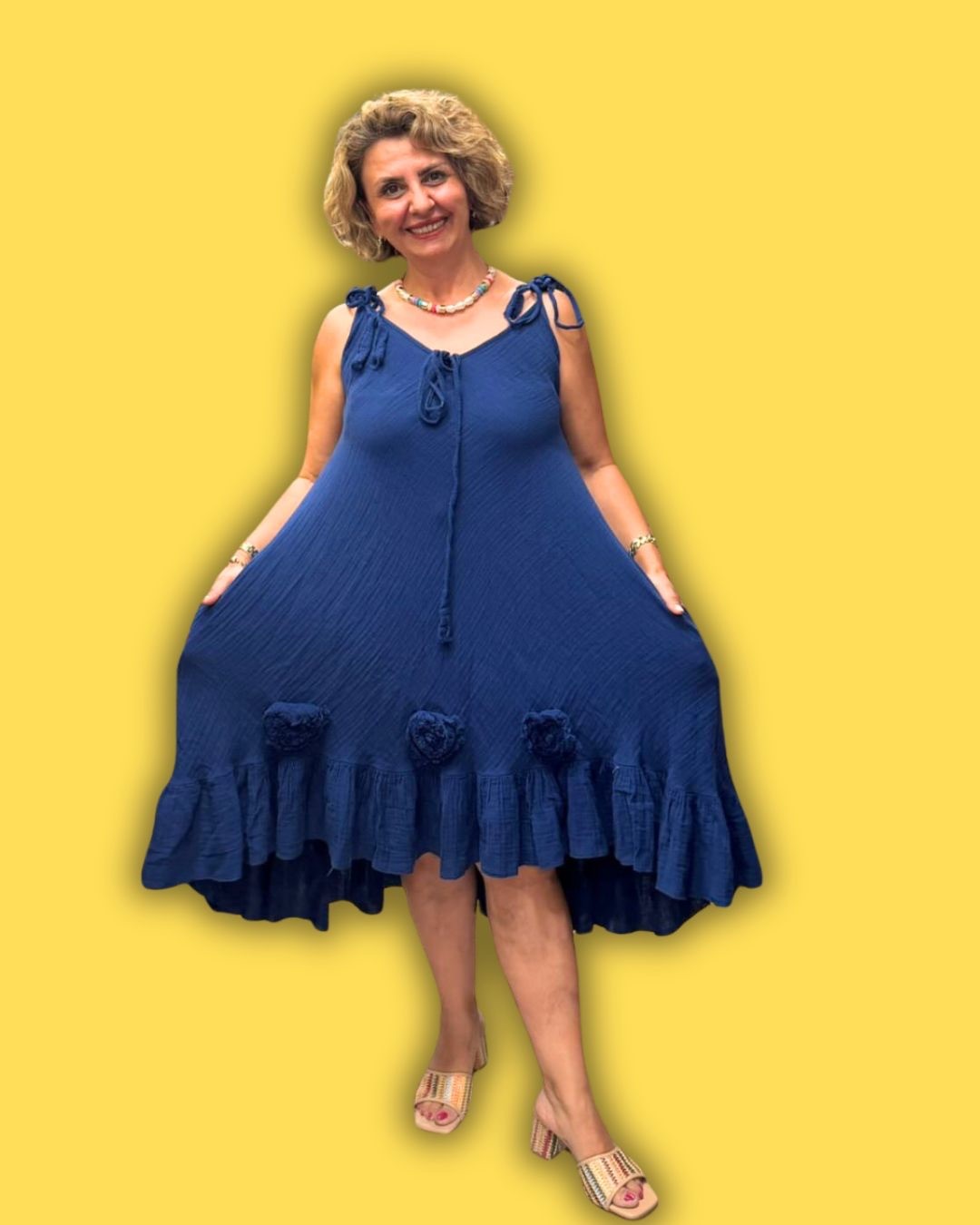 Gül Motifli Keten Muslin Elbise