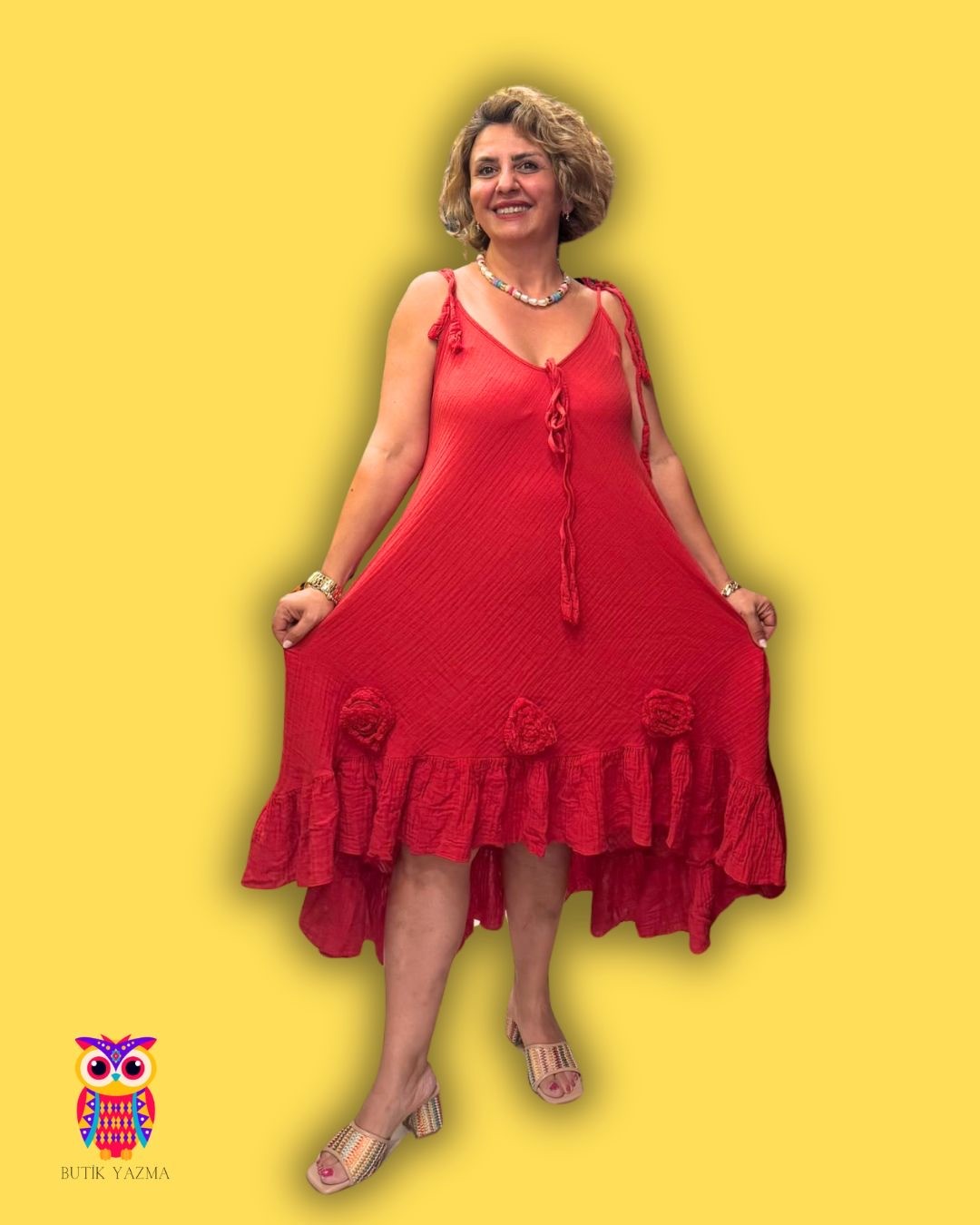 Gül İşlemeli Keten Muslin Elbise