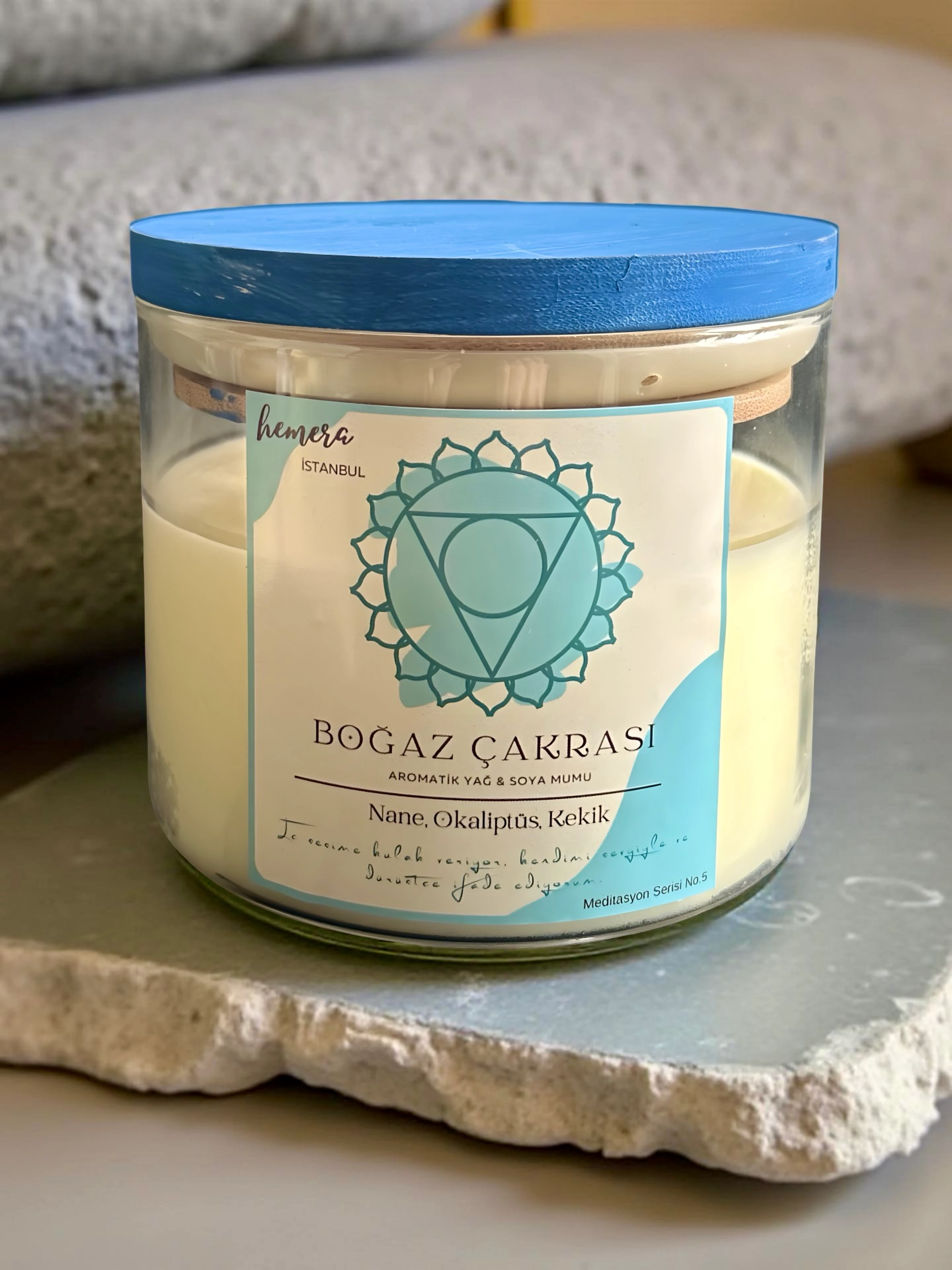 Boğaz Çakrası Aromaterapi Soya Mumu | Nane, Okaliptüs, Kekik