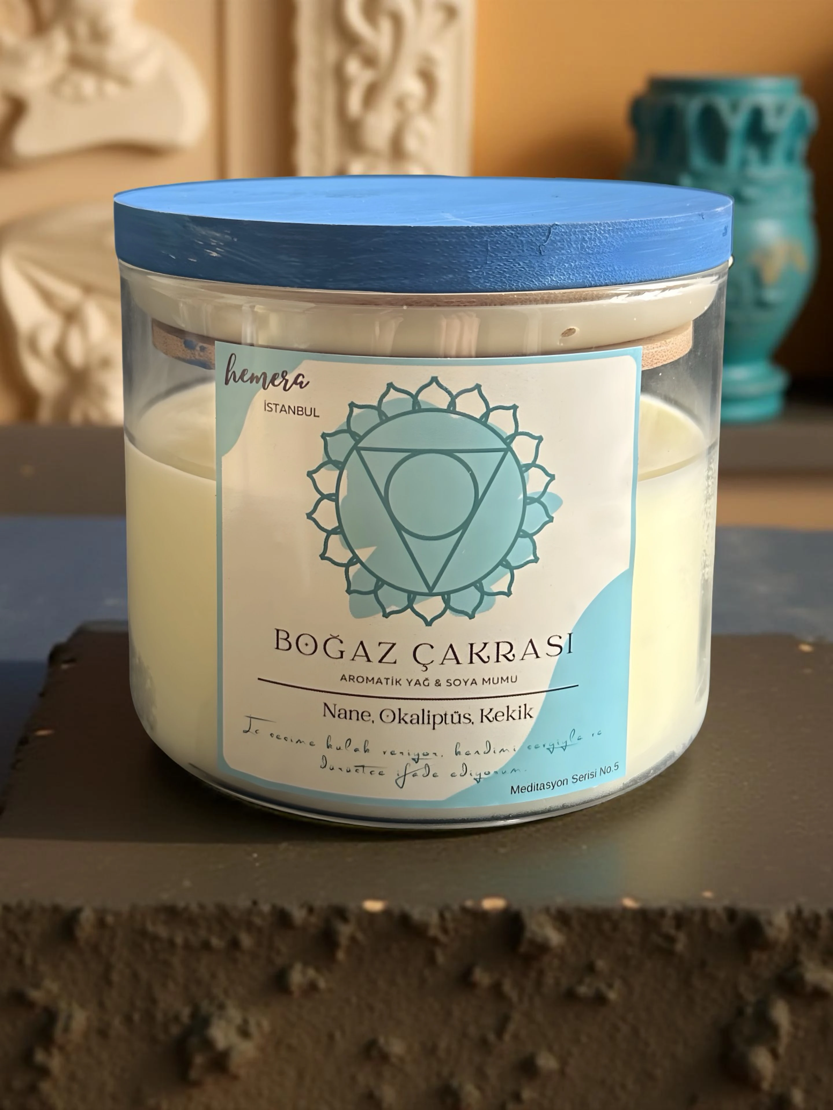 Boğaz Çakrası Aromaterapi Soya Mumu | Nane, Okaliptüs, Kekik