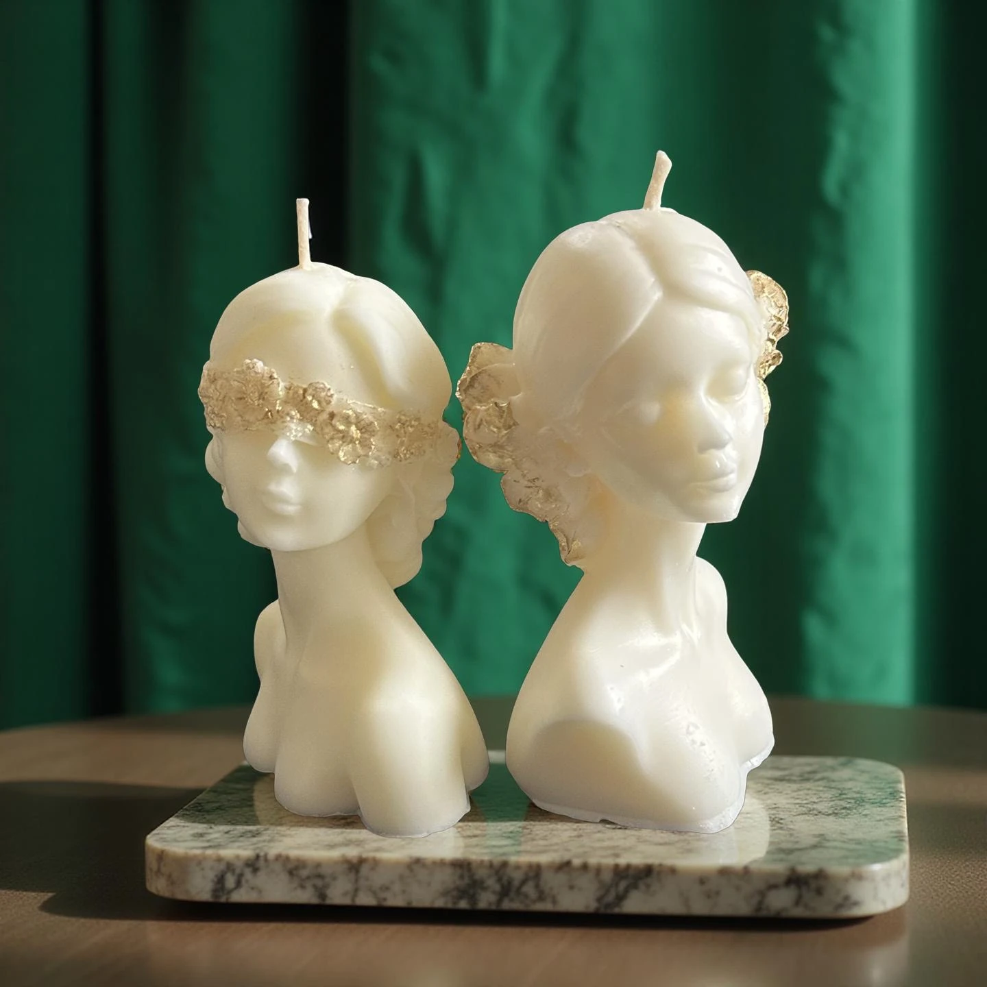 Altın Çiçek Detaylı İkili Büst Mum Seti