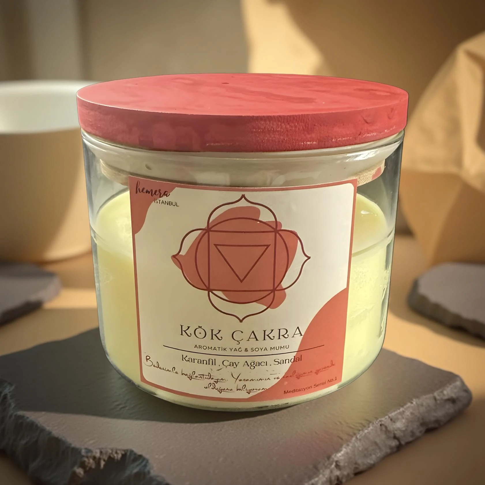 Kök Çakra Aromaterapi Soya Mumu |Karanfil,Çay Ağacı Sandal