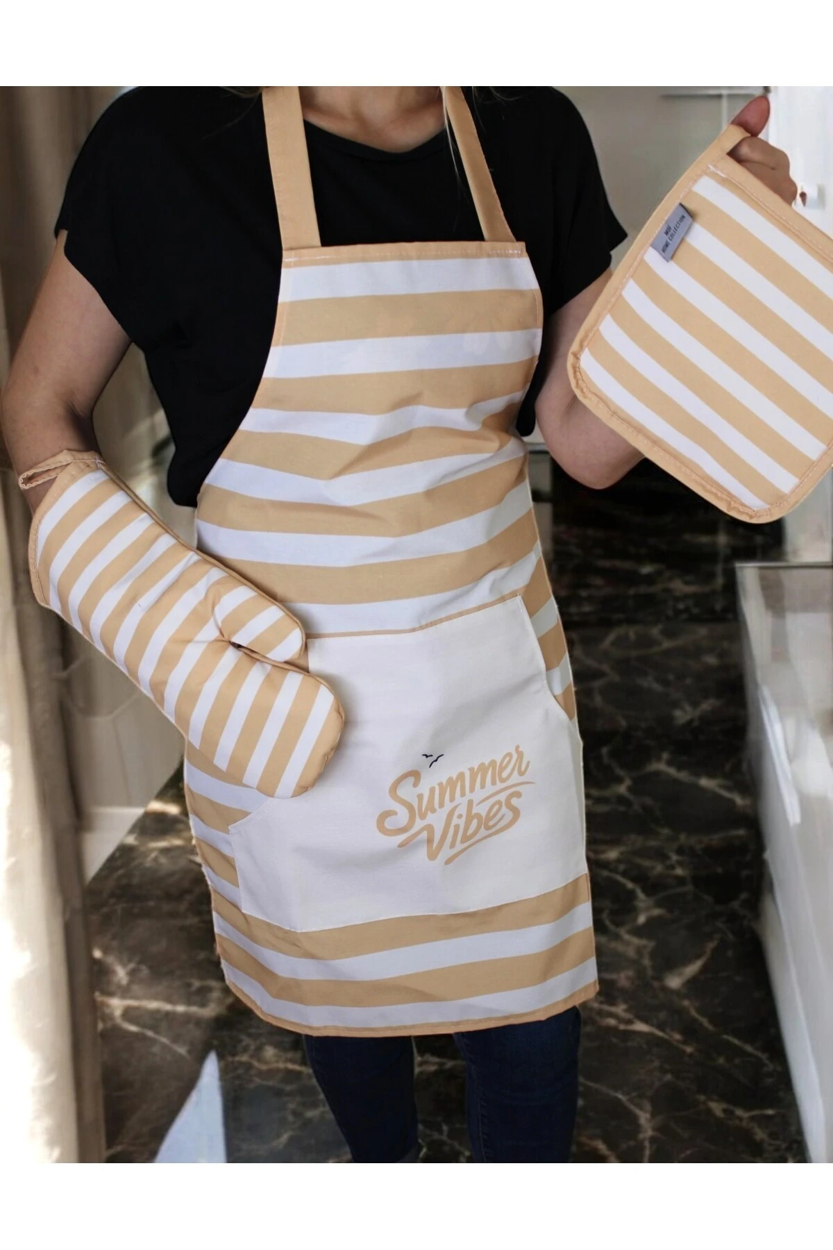 Mof Collection Summer Vibes Serisi Turuncu Beyaz Mutfak Önlüğü Seti