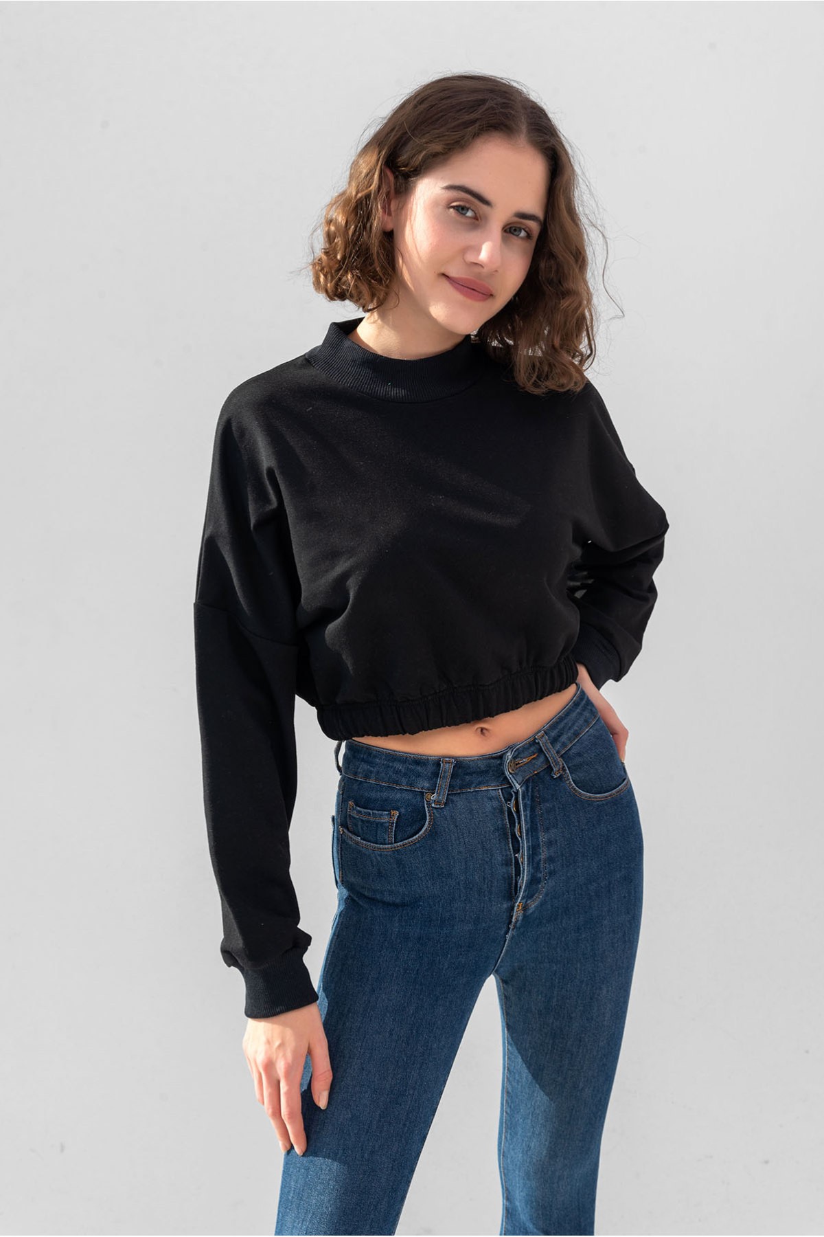 Damen Baumwolle Radkragen Crop Sweatshirt