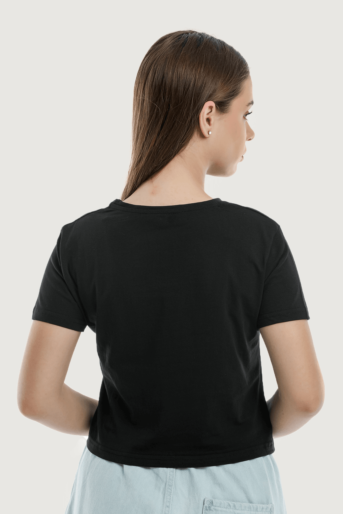 Women's Black Crew Neck Basic Crop T-shirt