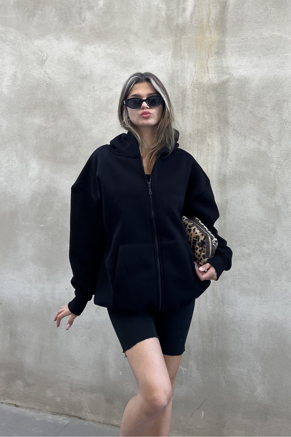 Fermuarlı Şardonlu Oversize Sweatshirt