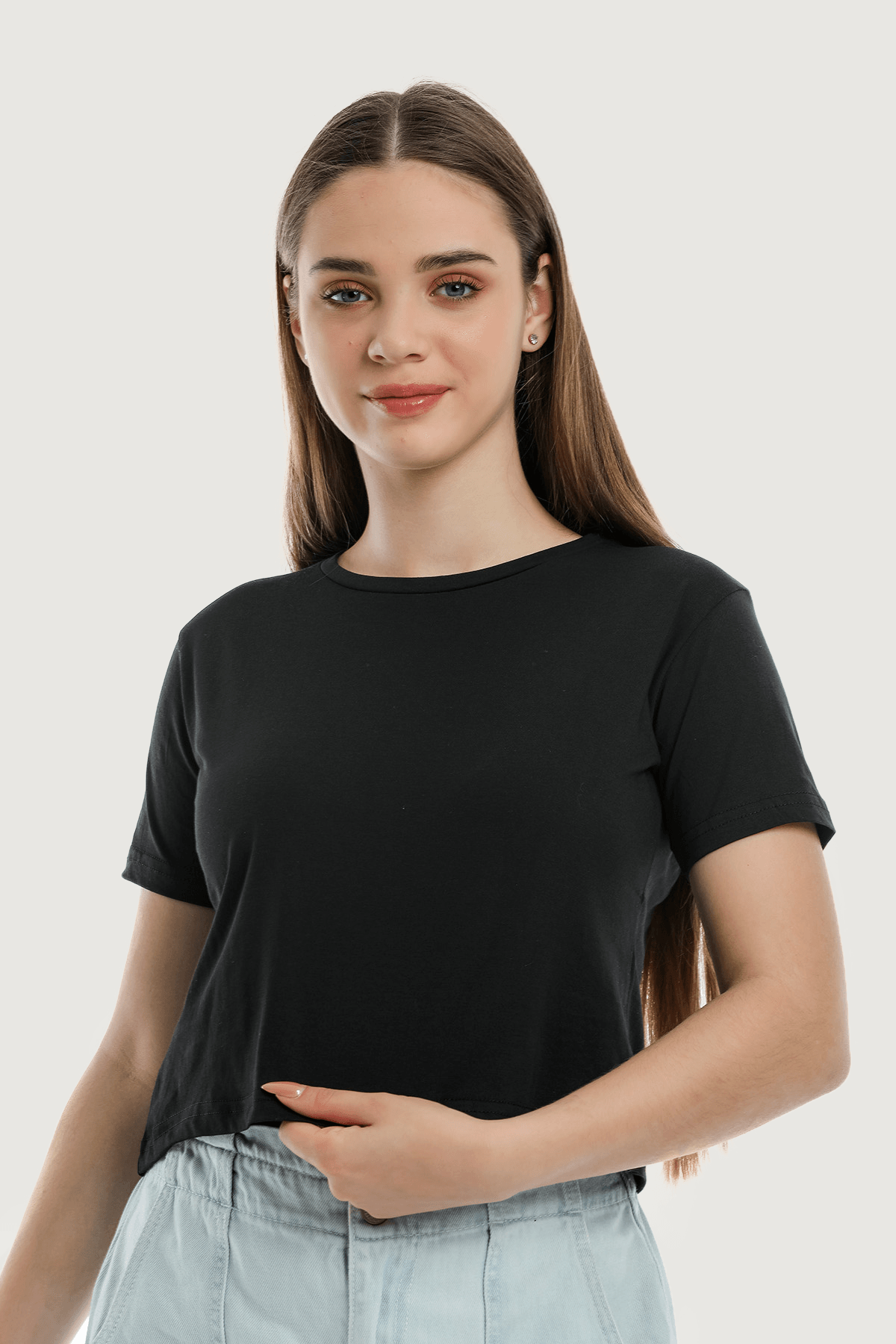 Women's Black Crew Neck Basic Crop T-shirt