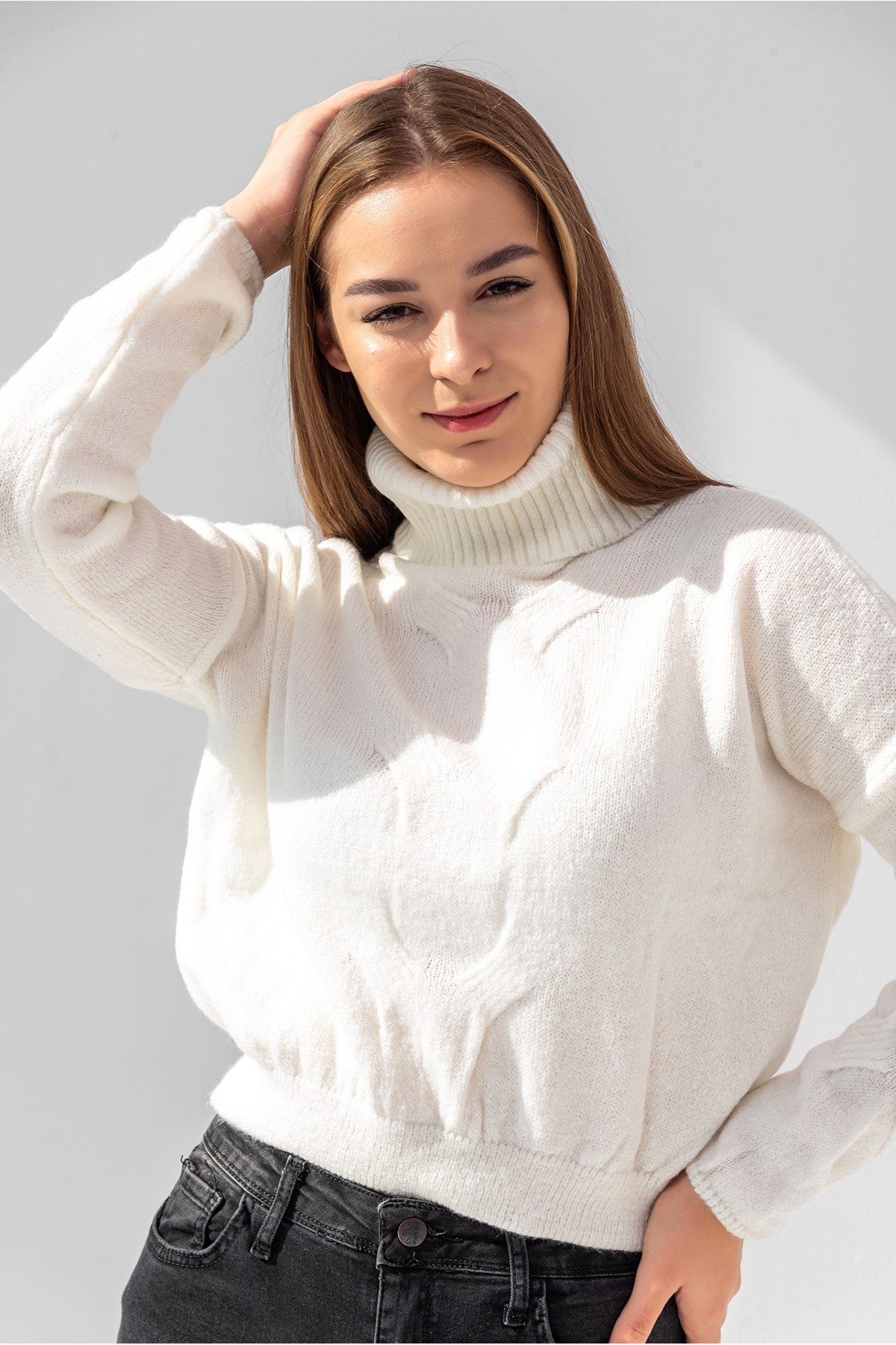 Ecru Rollkragen Strickpullover - Ekrü