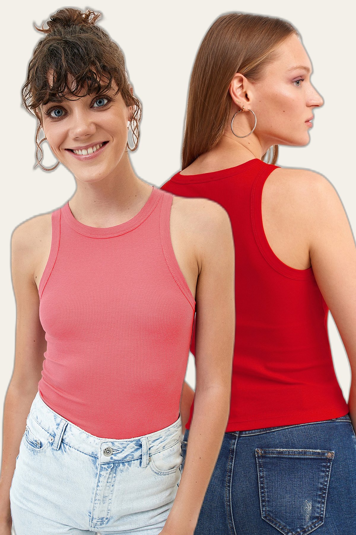 2-Pack Ribbed Halter Neck Knit Tank Top - Candy Pink - Red