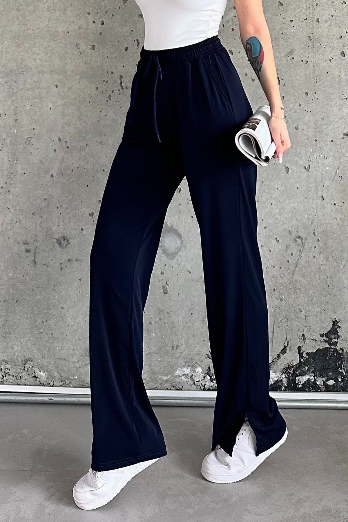 Black Slit Detail High-Waisted Leggings - Dark Navy Blue