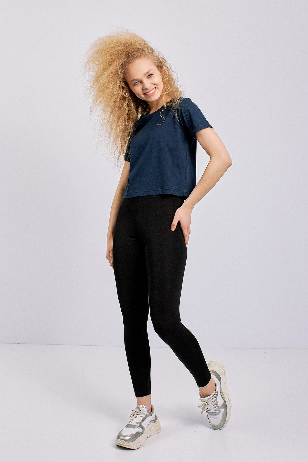 Navy Blue Crew Neck Basic Crop T-Shirt