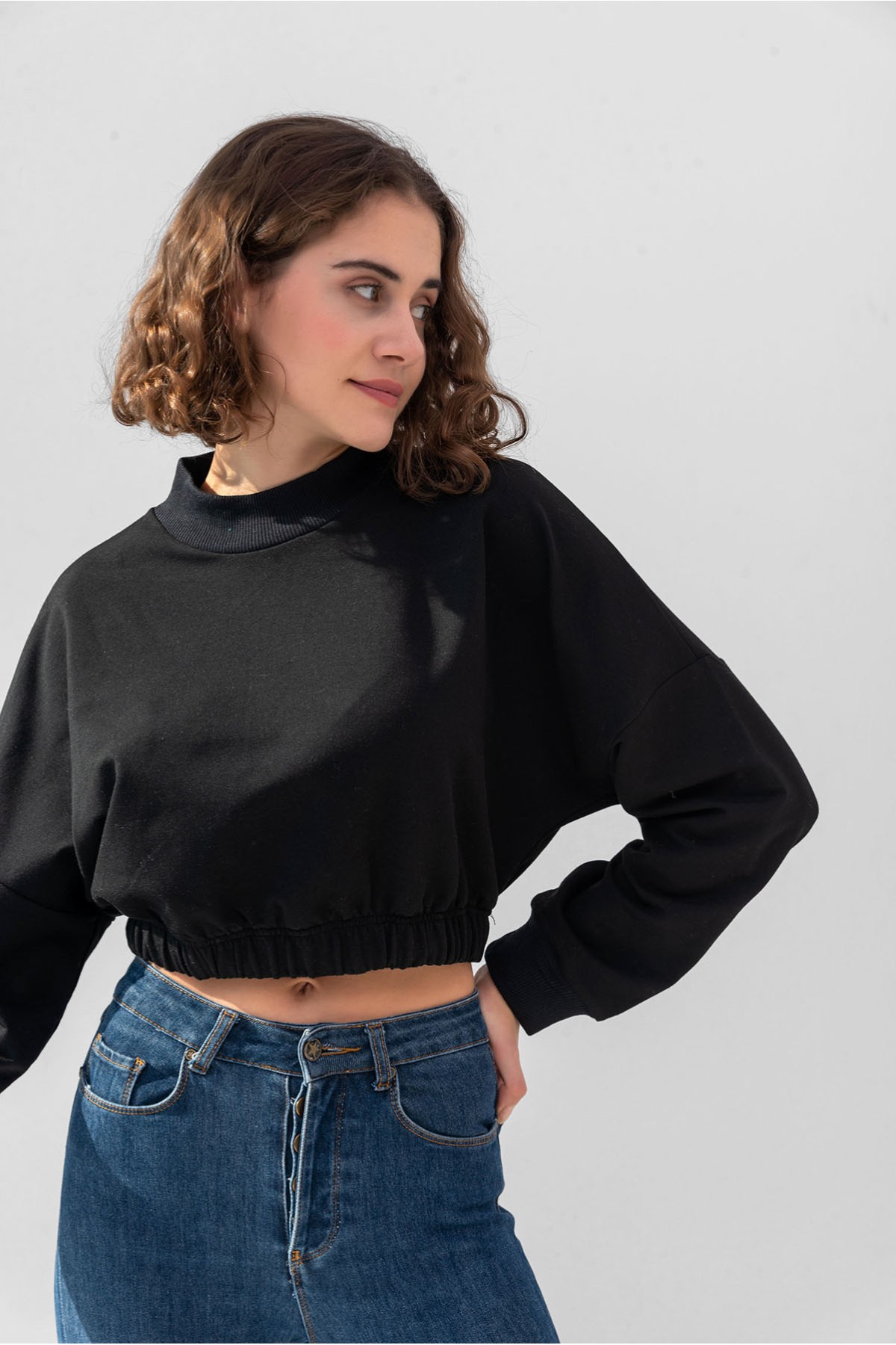 Damen Baumwolle Radkragen Crop Sweatshirt