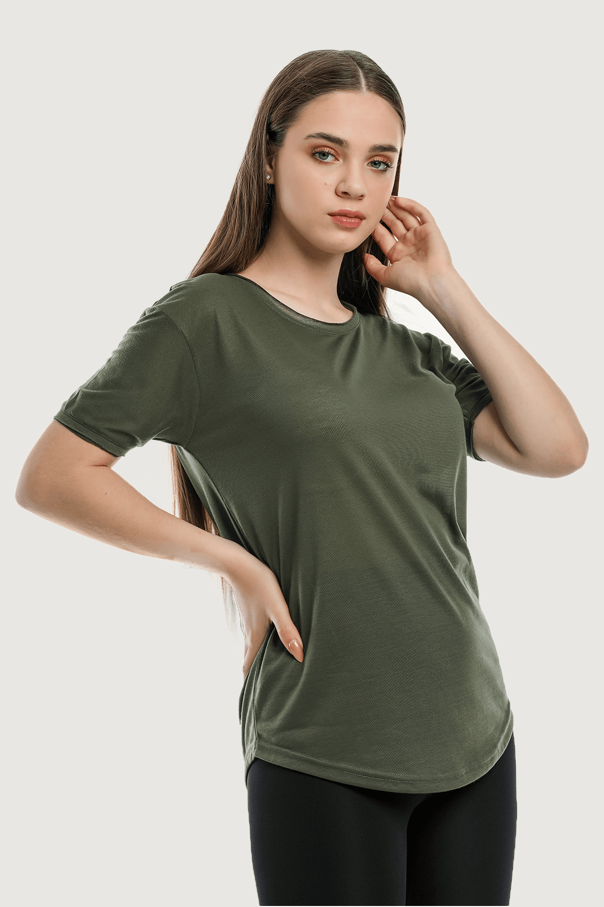 Camiseta básica holgada y cómoda para mujer - Caqui