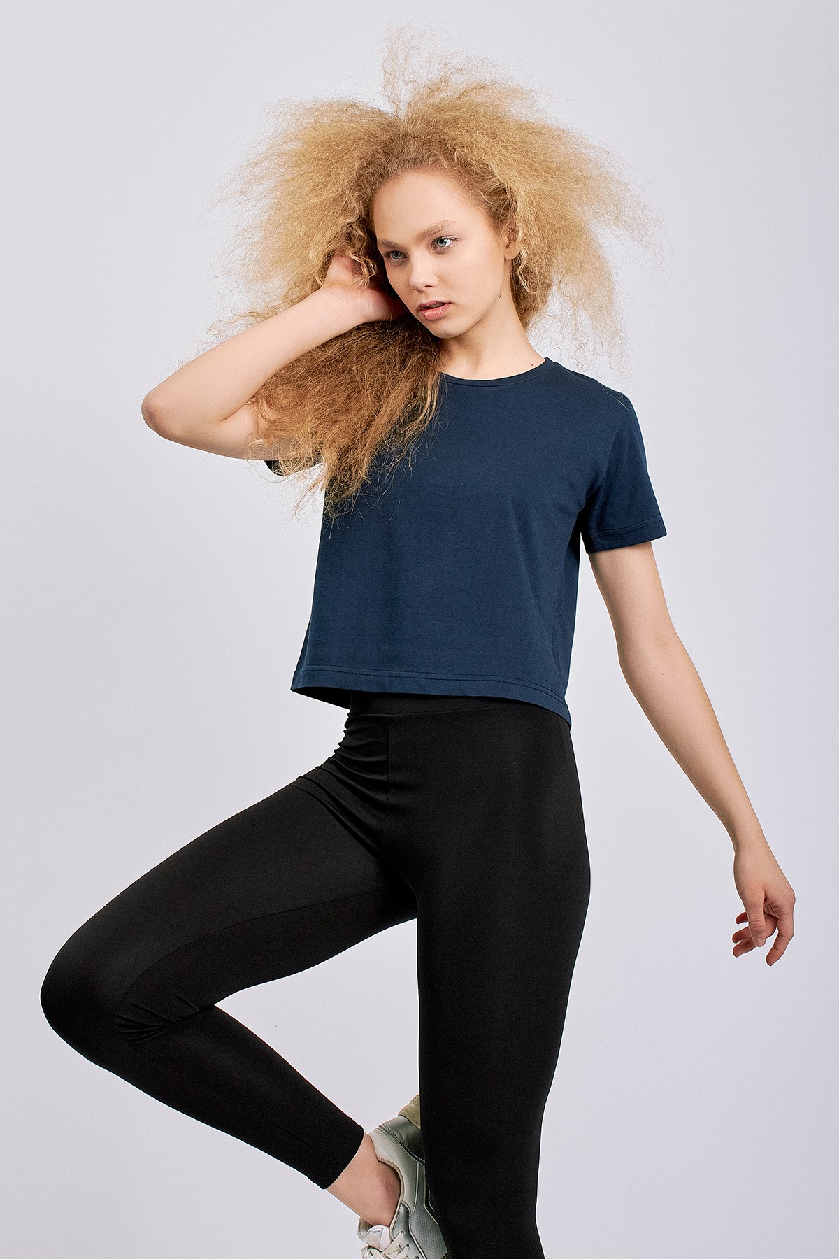 Navy Blue Crew Neck Basic Crop T-Shirt