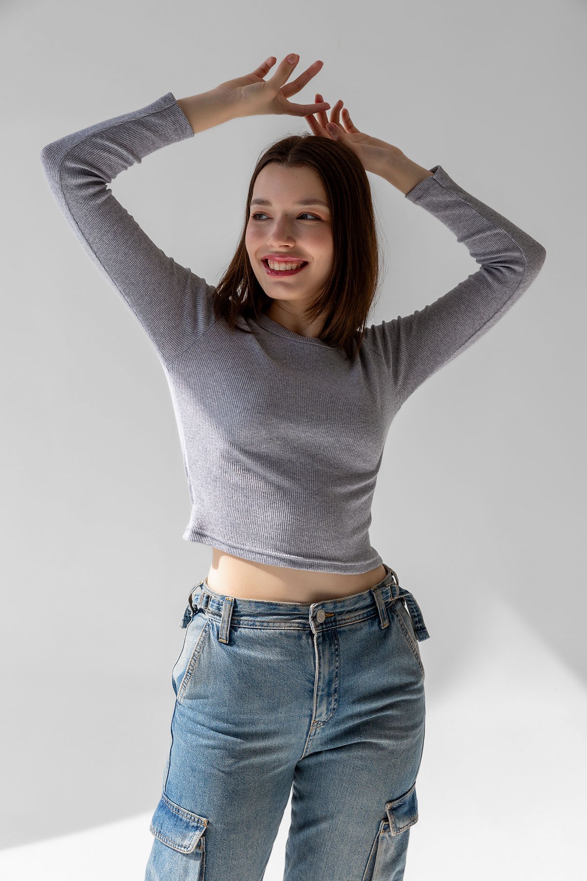 Baby Blue Long Sleeve Ribbed Blouse Crop Knitted T-shirt - Gray