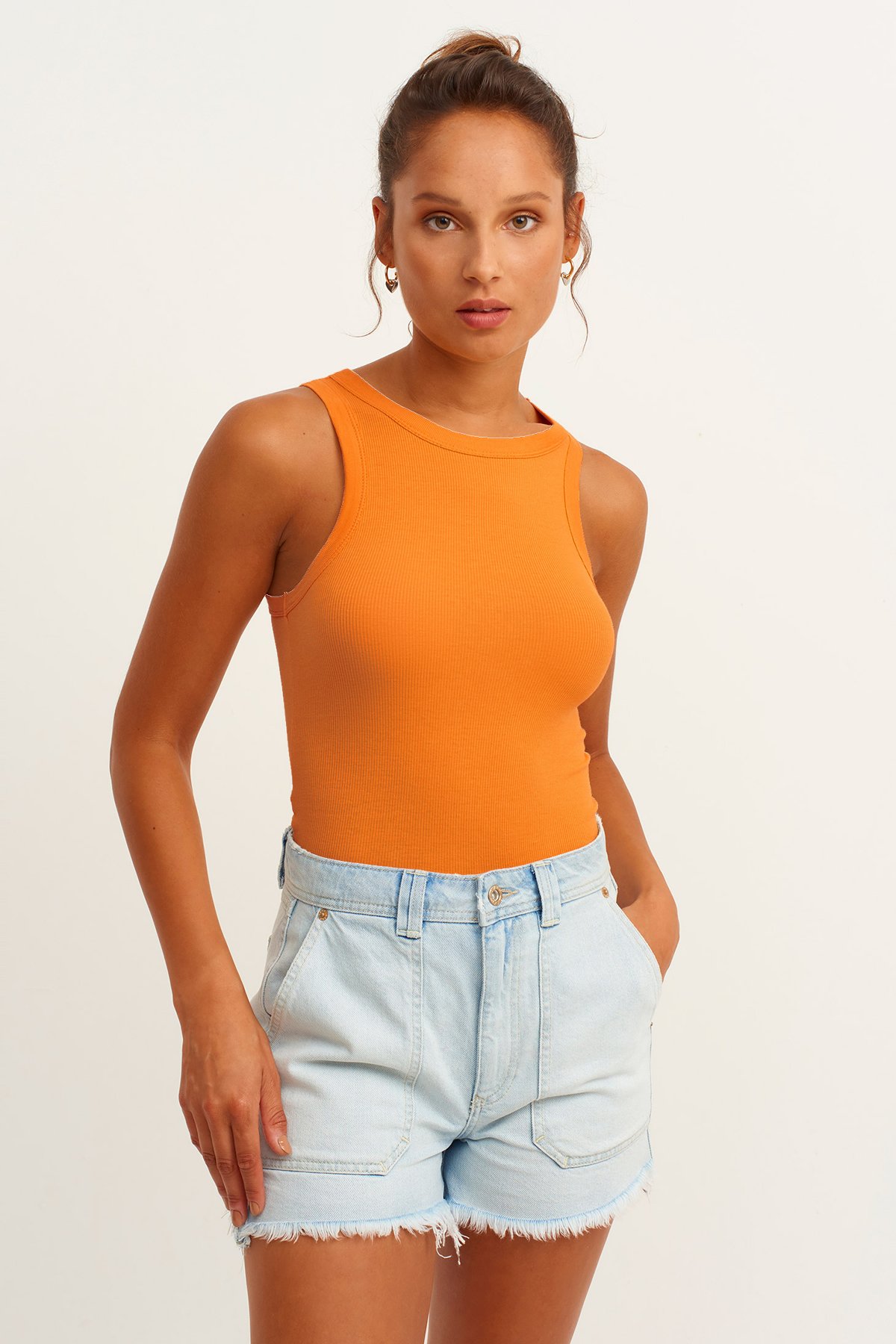 Damen Feinstrick Halterneck Stricktop - Orange