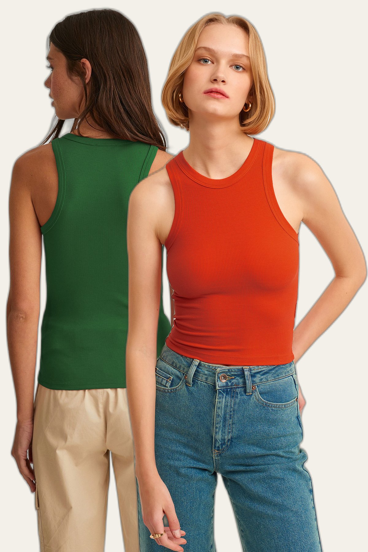 2-Pack Ribbed Halter Neck Knit Tank Top - Vermillion - Grass Green