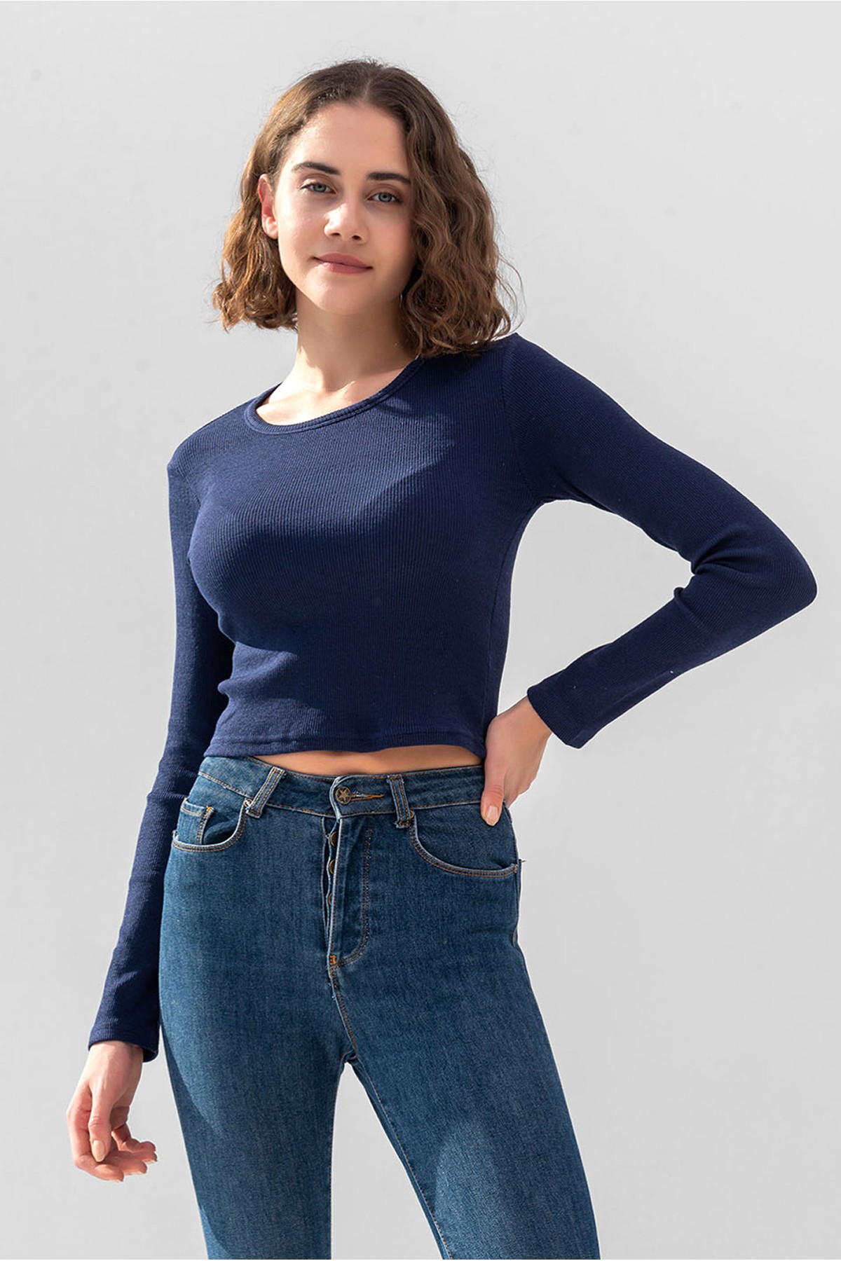 Baby Blue Long Sleeve Ribbed Blouse Crop Knitted T-shirt - Dark Navy Blue