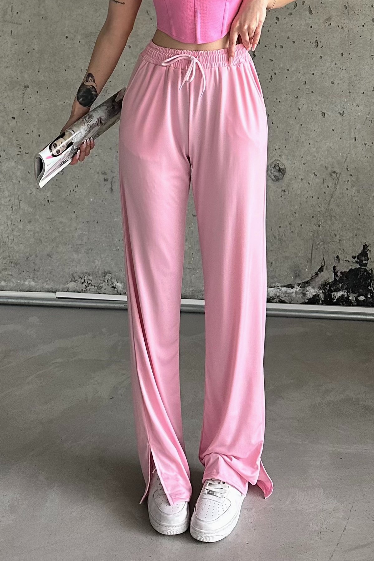 Black Slit Detail High-Waisted Leggings - Pink