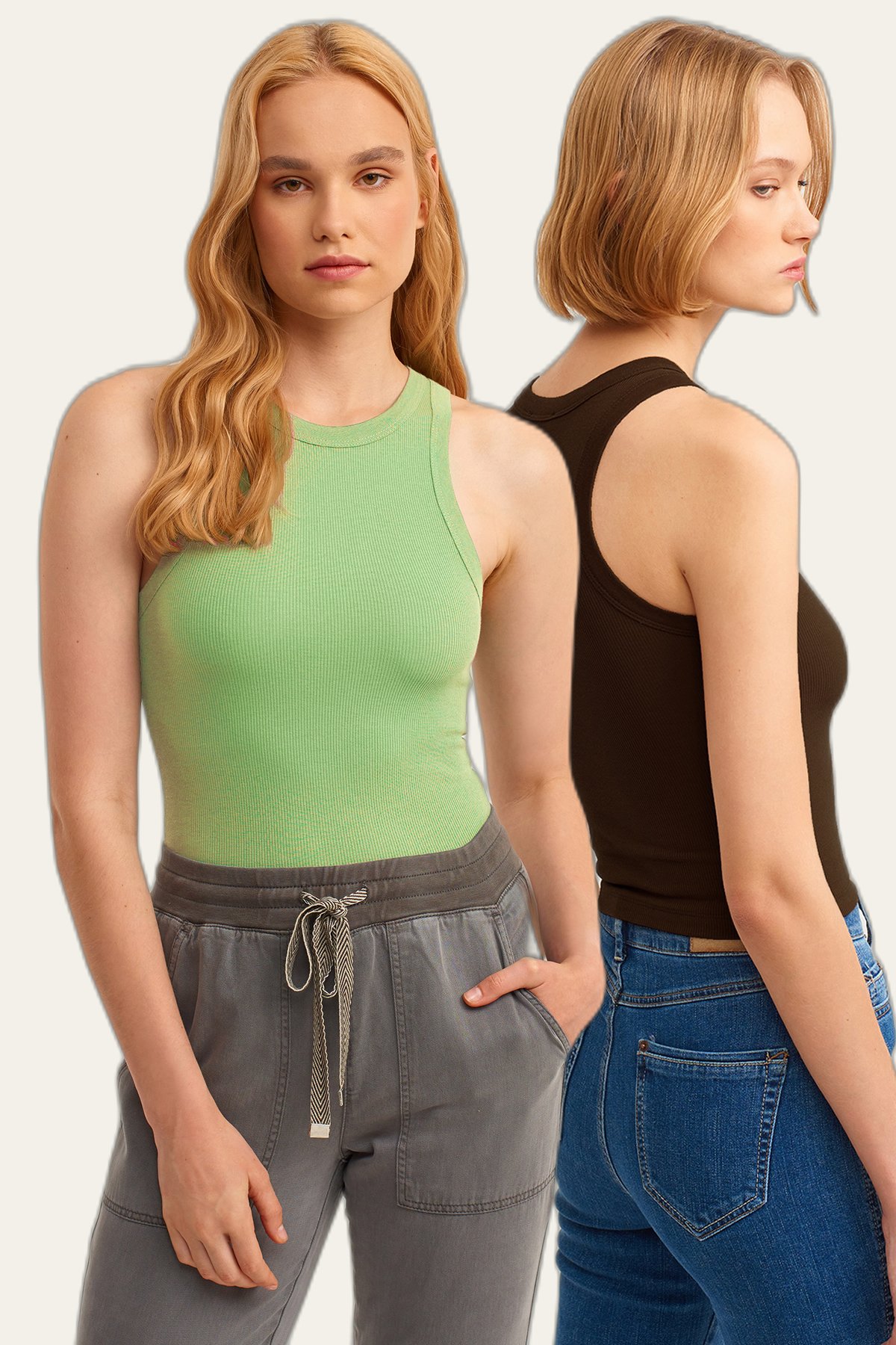 2-Pack Ribbed Halter Neck Knit Tank Top - Pistachio Green - Brown
