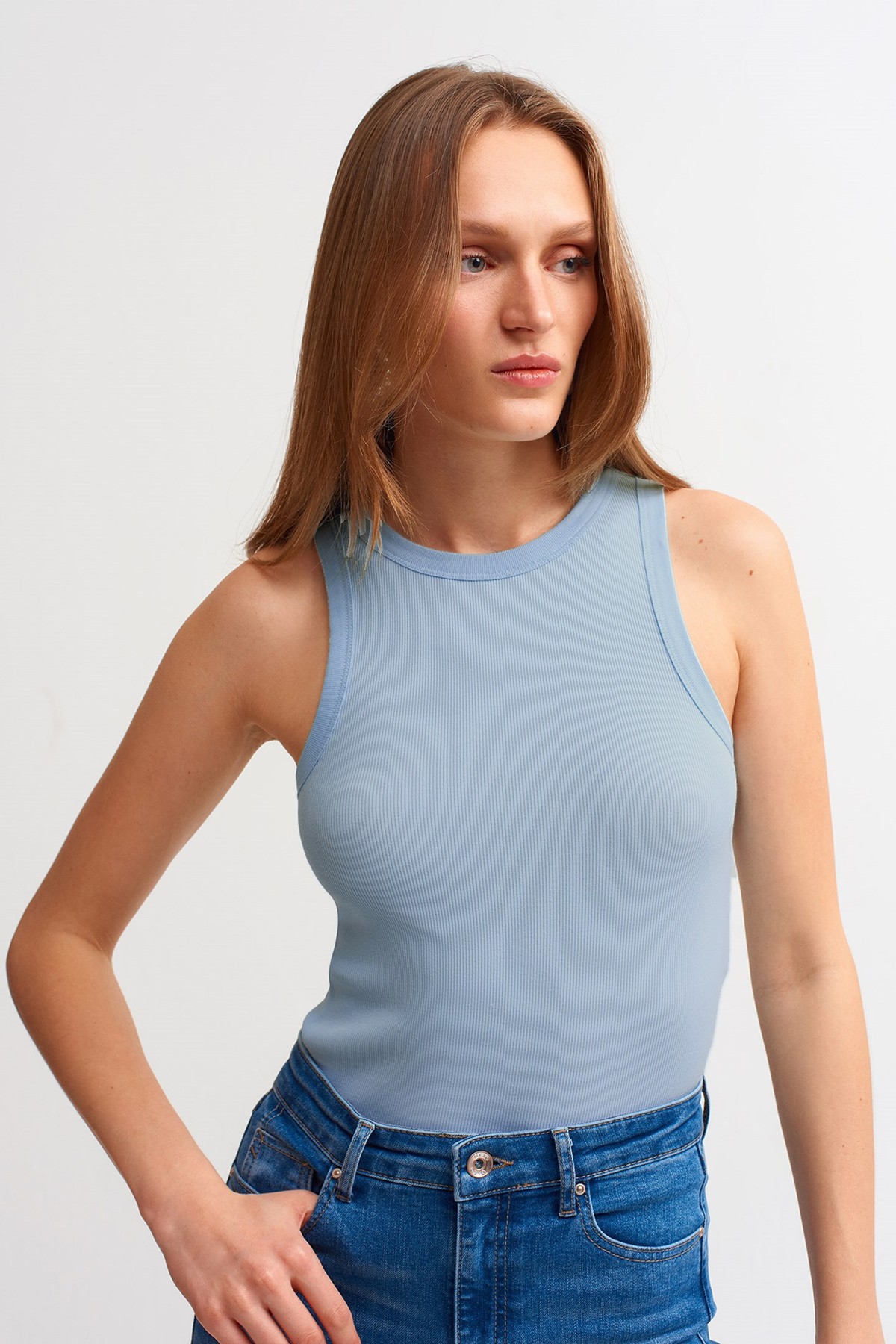 Débardeur tricot avec col halter et fil métallique pour femme - Bleu Bébé