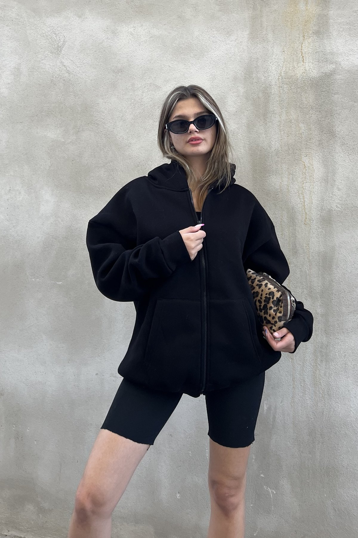 Fermuarlı Şardonlu Oversize Sweatshirt