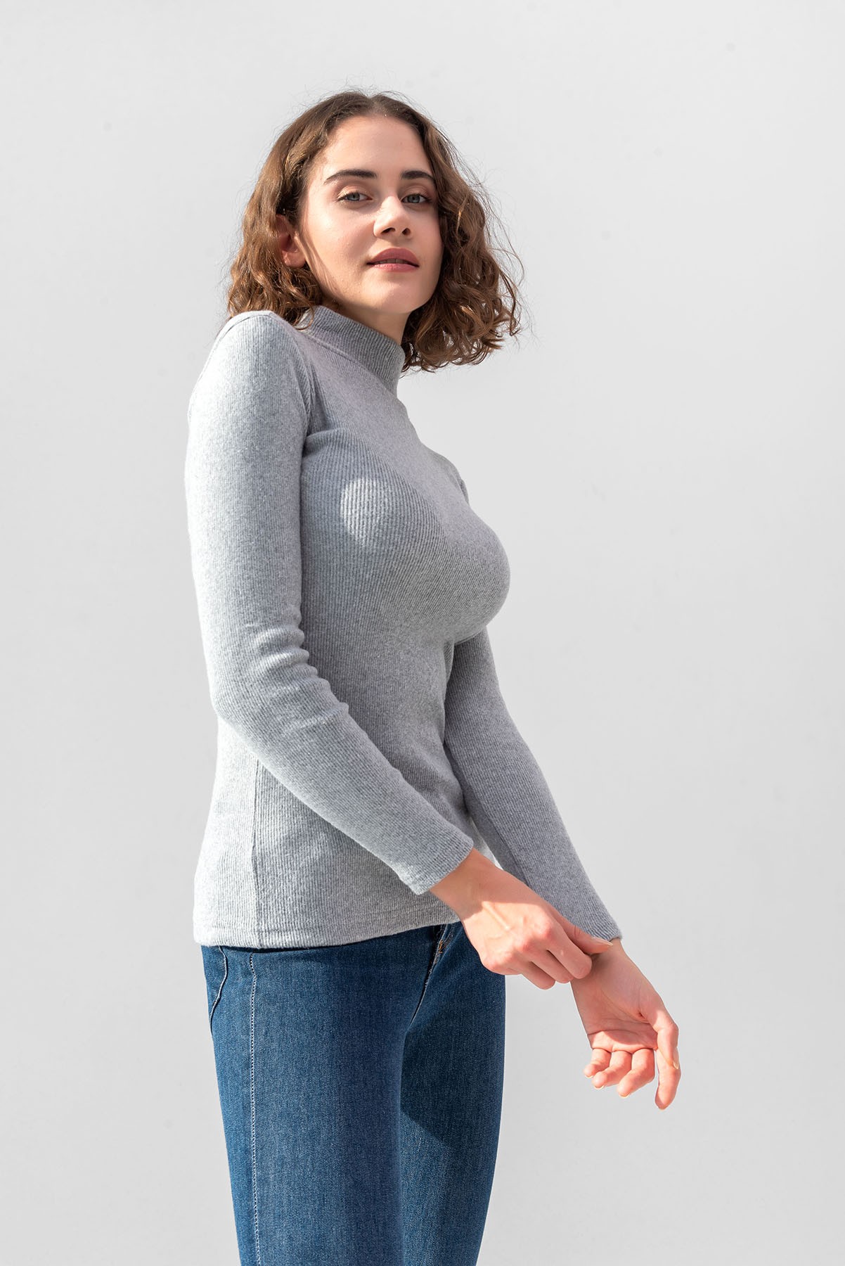 Turtleneck Ribbed Blouse - Gray