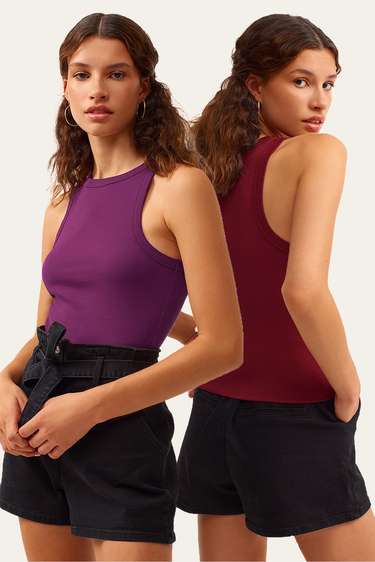 2-Pack Ribbed Halter Neck Knit Tank Top - Mauve - Burgundy