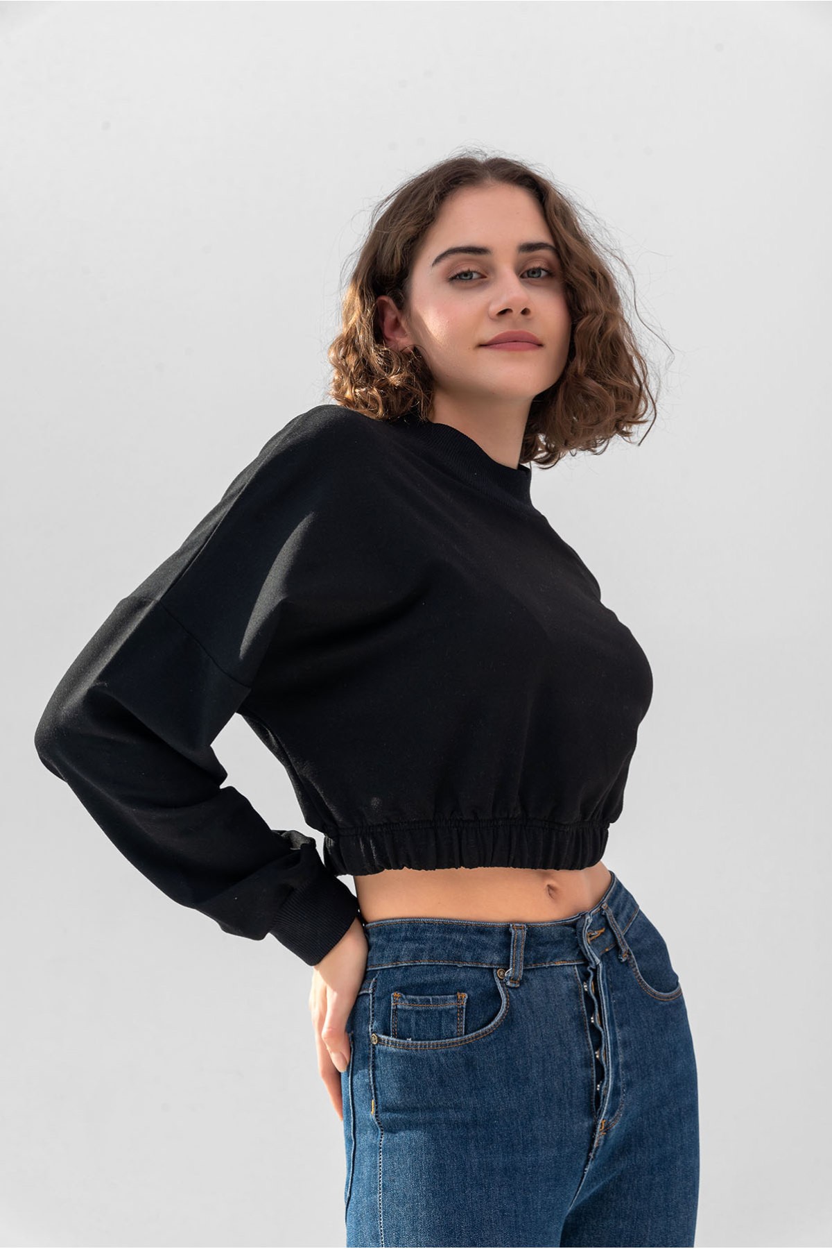 Damen Baumwolle Radkragen Crop Sweatshirt