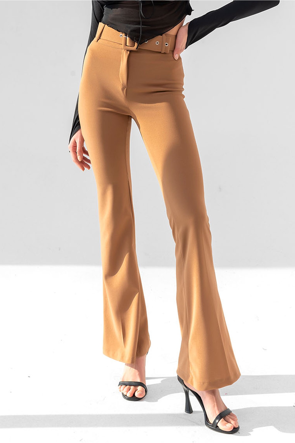 Women's Belted High Waist Flared Trousers - Mustard